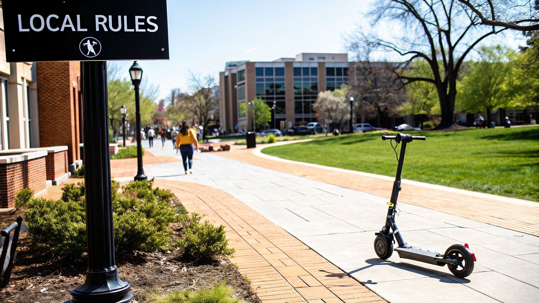 A person riding an electric scooter down a city street lined with trees and buildings.