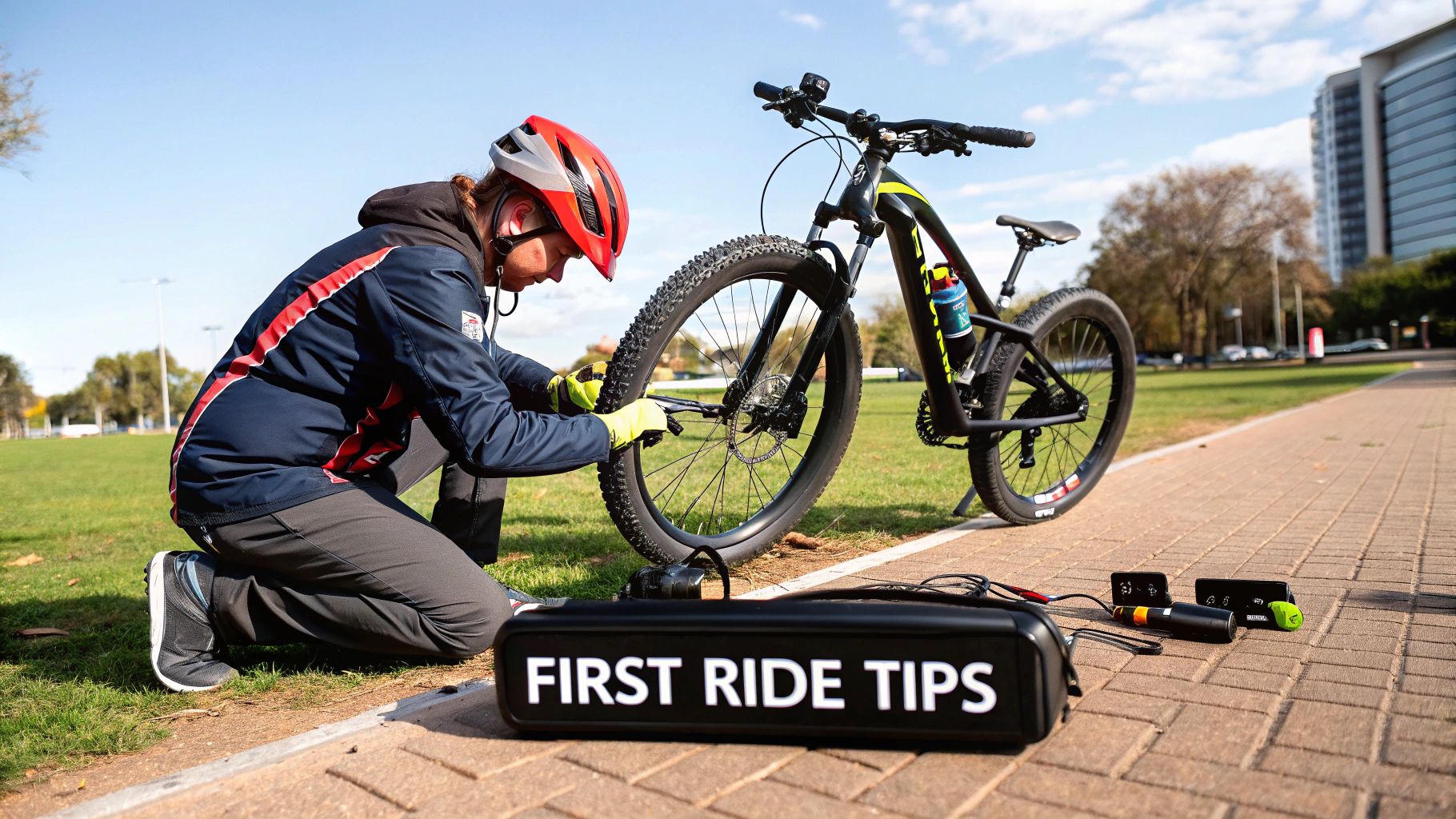 Kiivri ja kinnastega inimene põlvitab, et reguleerida musta mägijalgratta esiratast asfalditeel, lähedal on kast