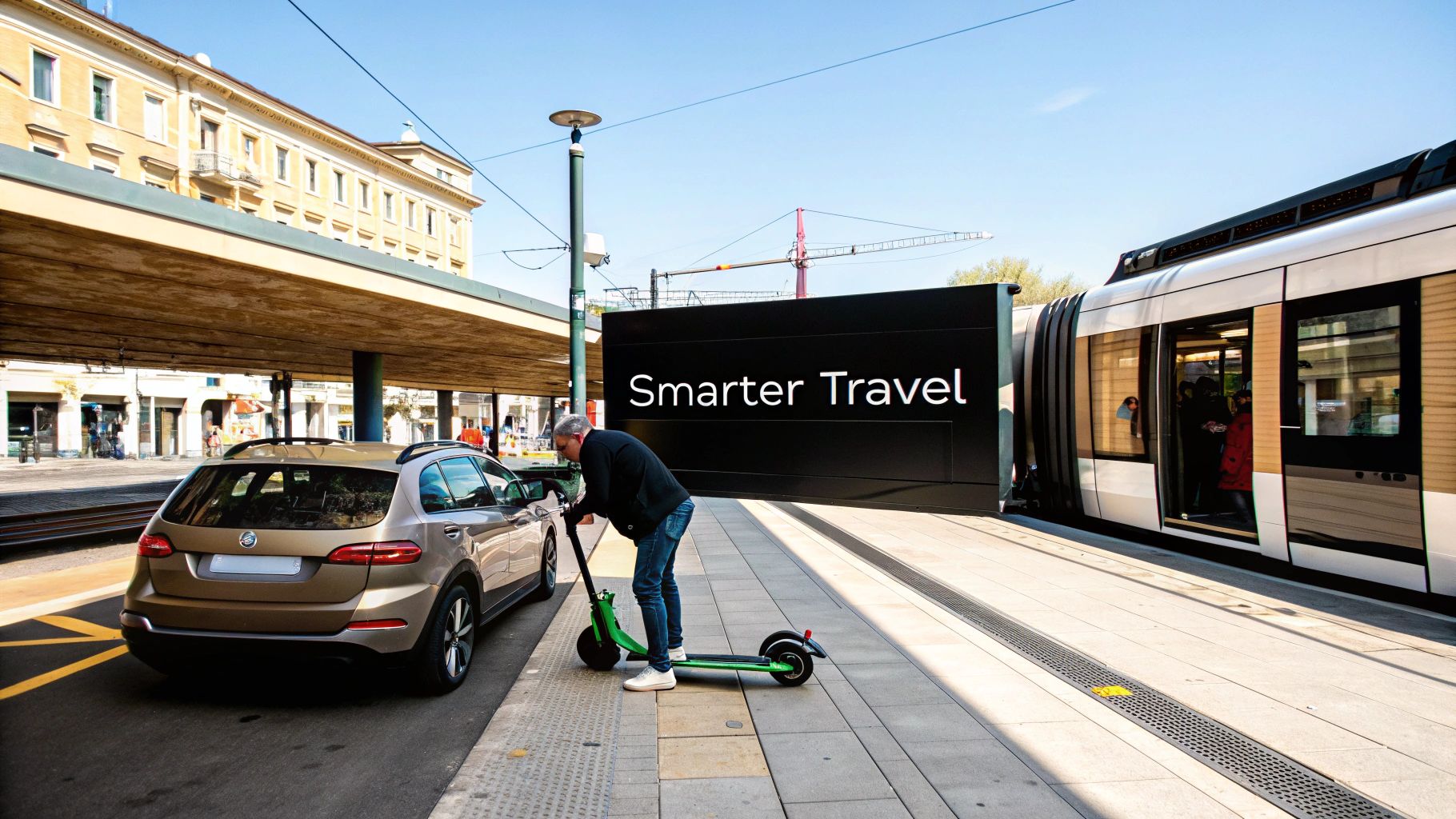 Modern train station with electric scooter, car, and tram representing sustainable multimodal transportation options