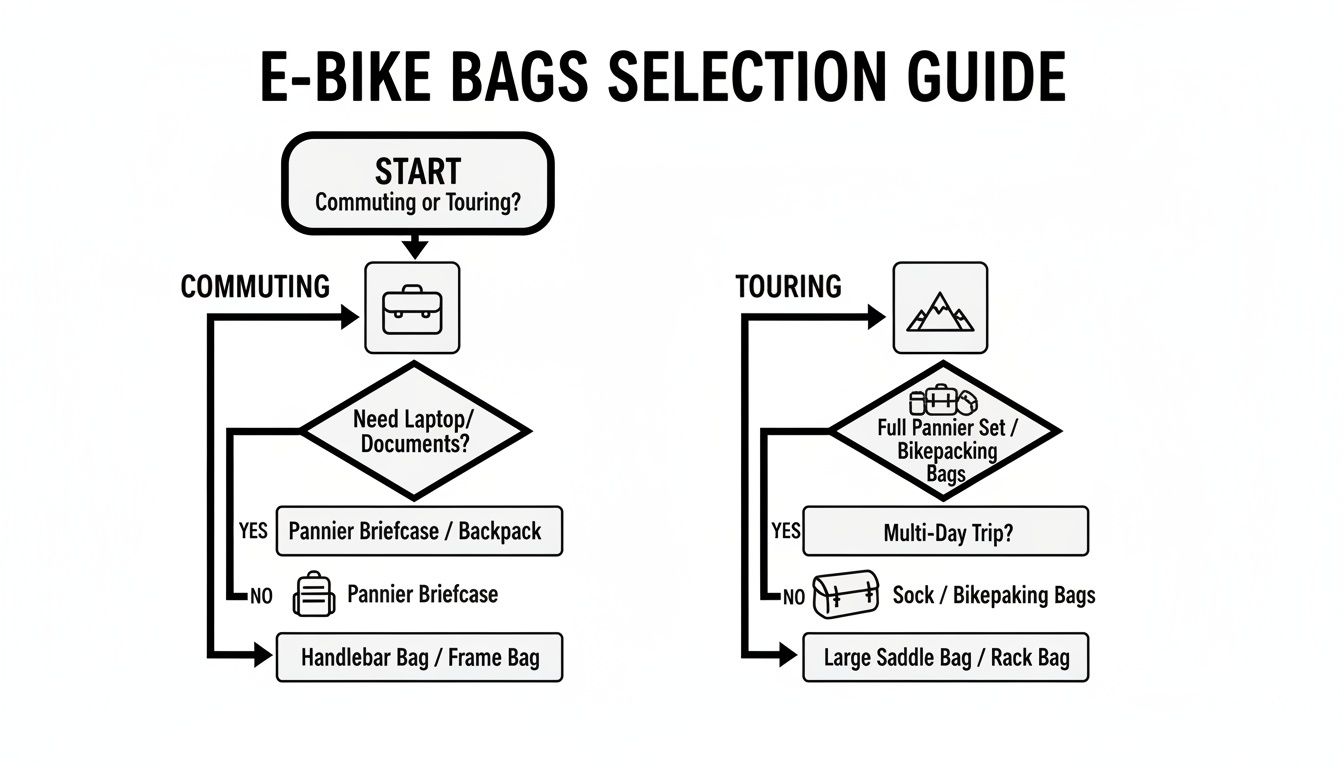 An e-bike bags selection guide flowchart detailing bag choices for commuting or touring based on specific needs.