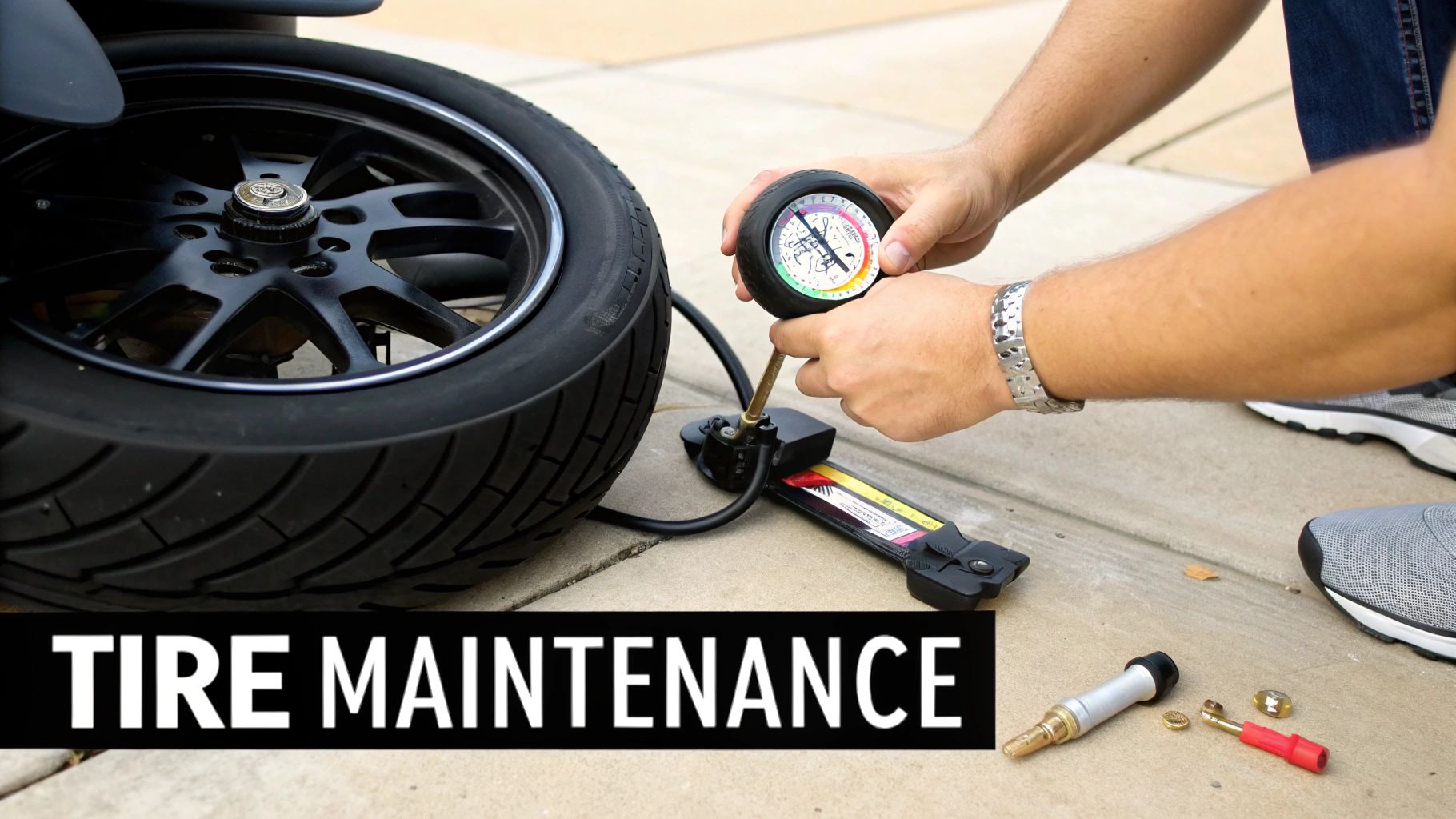 A person is checking the tire pressure of a scooter tire with a gauge and pump, demonstrating proper tire maintenance.