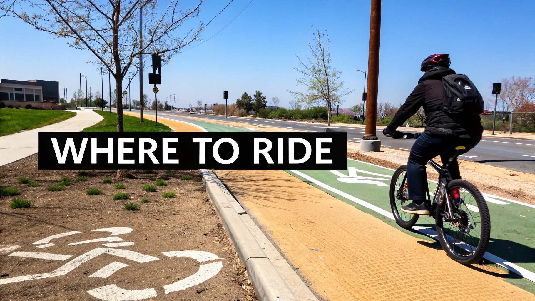 An electric bike parked next to a scenic multi-use path with trees and a lake in the background.