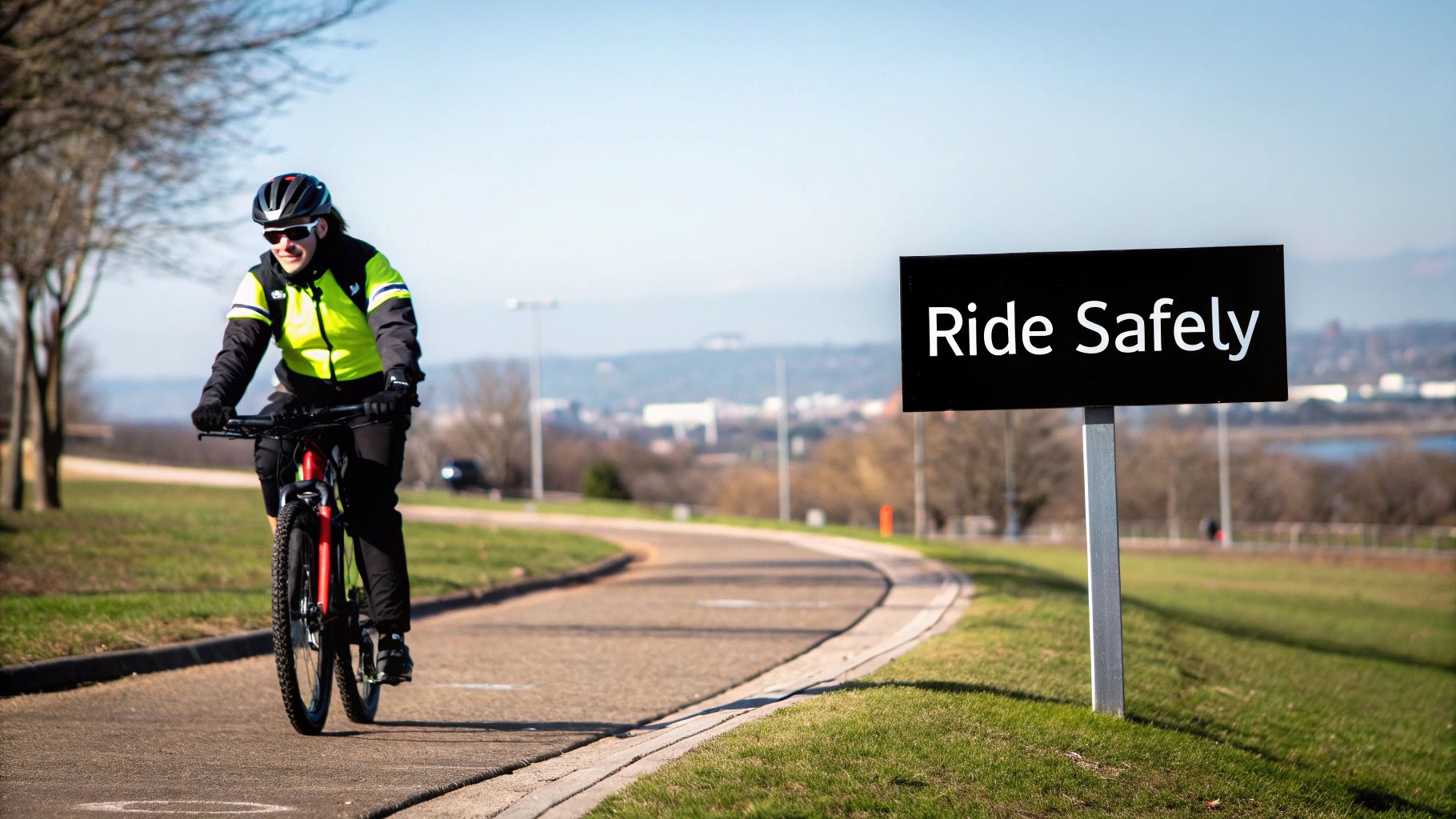 A person riding an electric bike with a helmet on a sunny day.