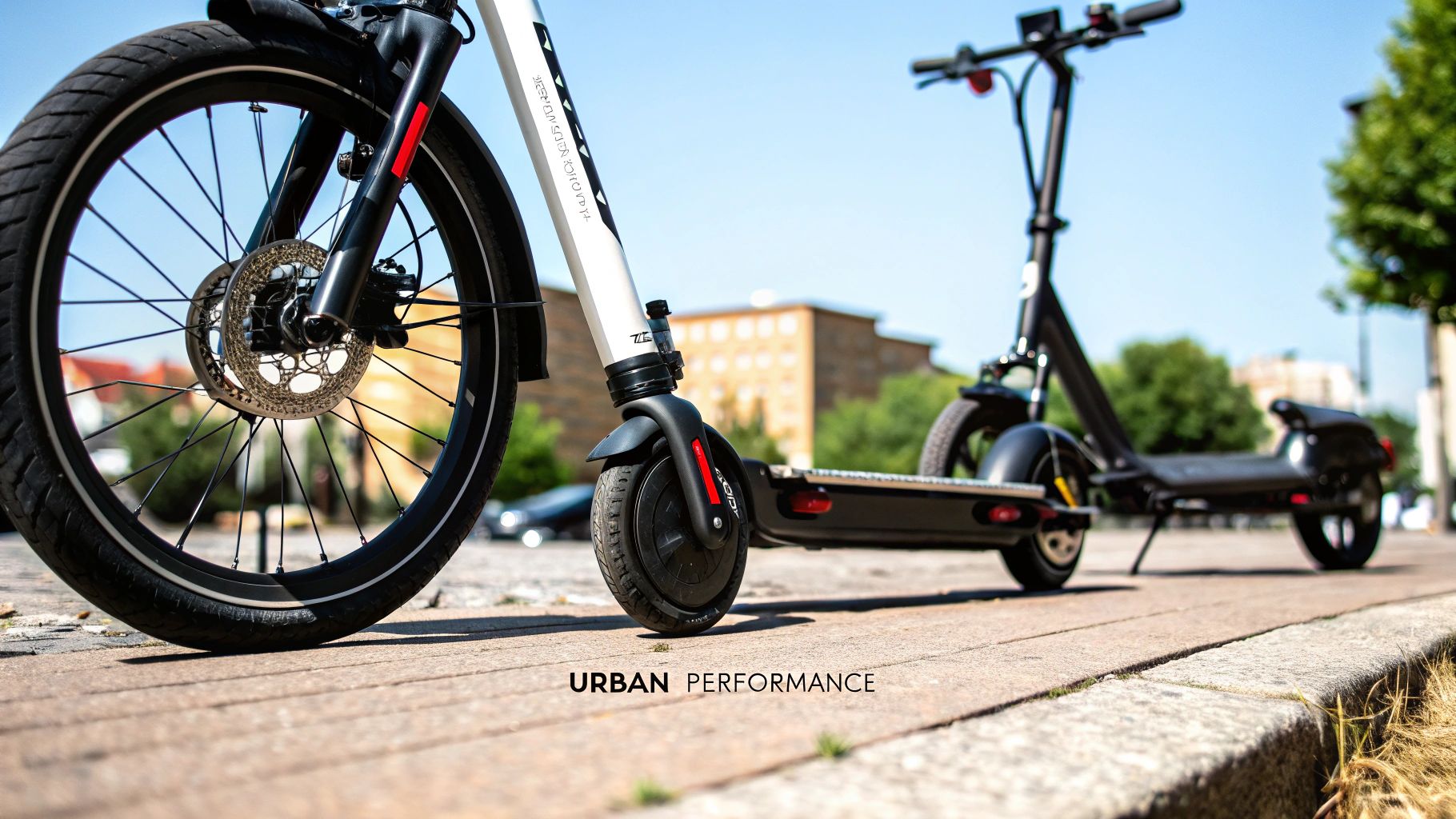 A person holding a piggy bank next to an e-bike and e-scooter, symbolizing the cost of ownership.