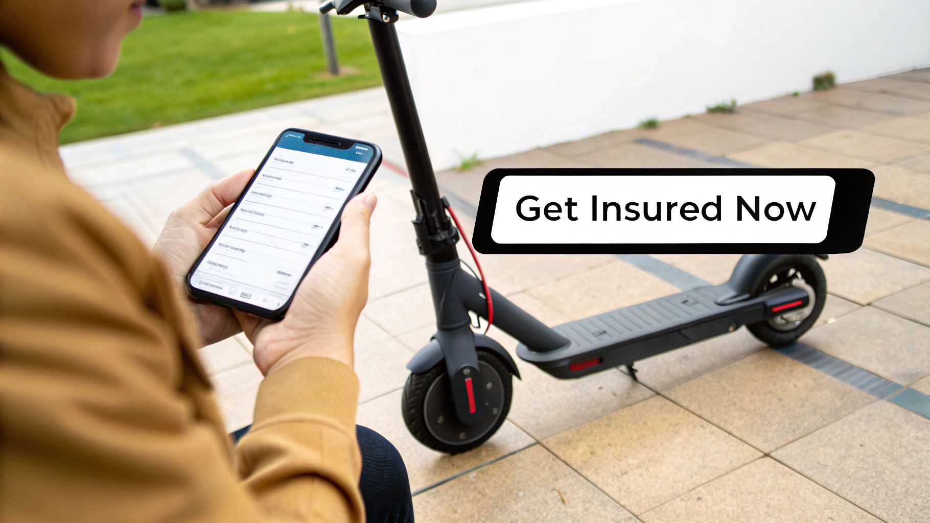 A person holding a smartphone near an electric scooter, with text "Get Insured Now" overlay.