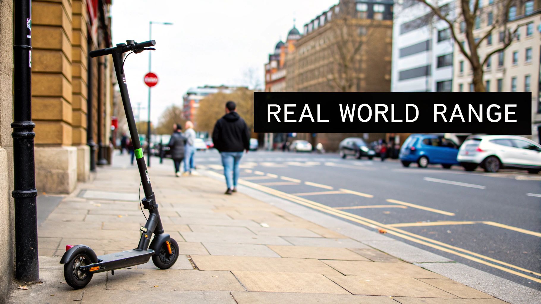 A person riding an electric scooter through a modern city park with lush greenery and office buildings in the background.