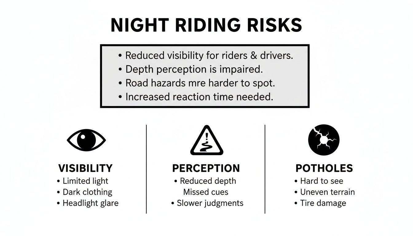 Infografika przedstawiająca szczegółowo ryzyko związane z jazdą nocą, obejmująca widoczność, percepcję i zagrożenia na drodze, takie jak dziury w drogach.