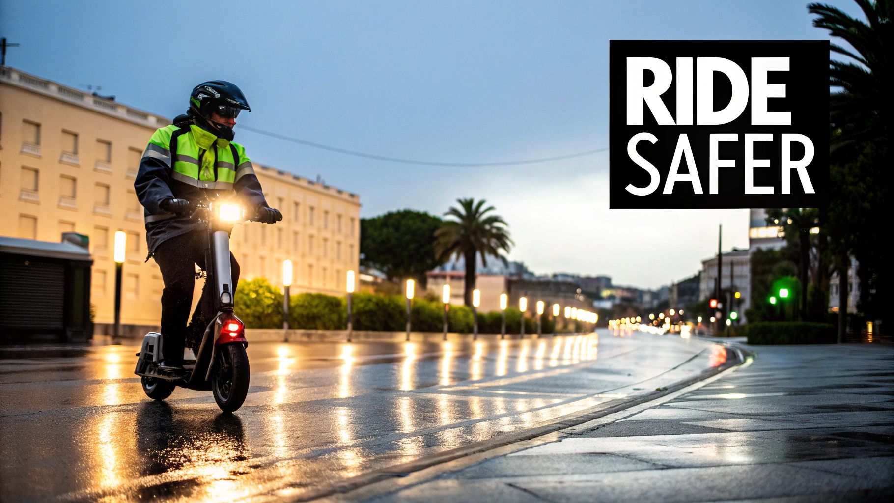 Osoba w odblaskowym ubraniu jedzie hulajnoga elektryczna z jasnymi światłami na mokrej ulicy miasta o zmierzchu.