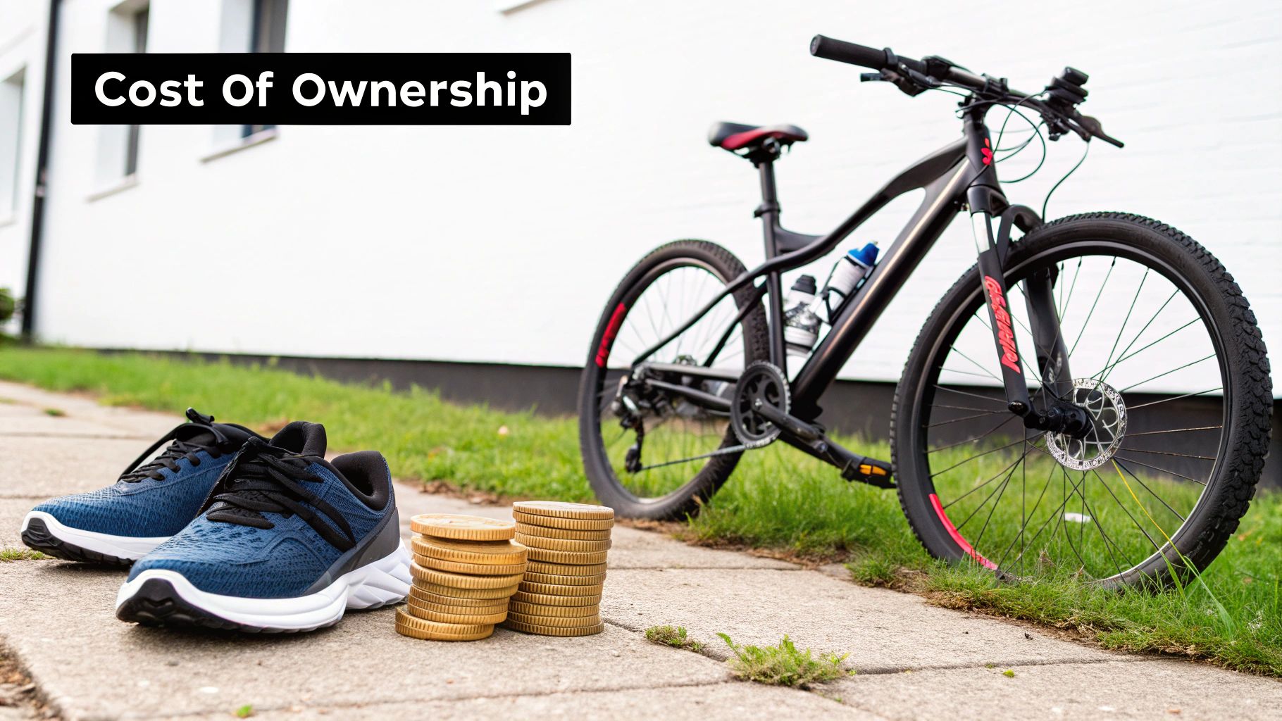Rower, buty do biegania i stosy monet na ścieżce ilustrują koszt posiadania.