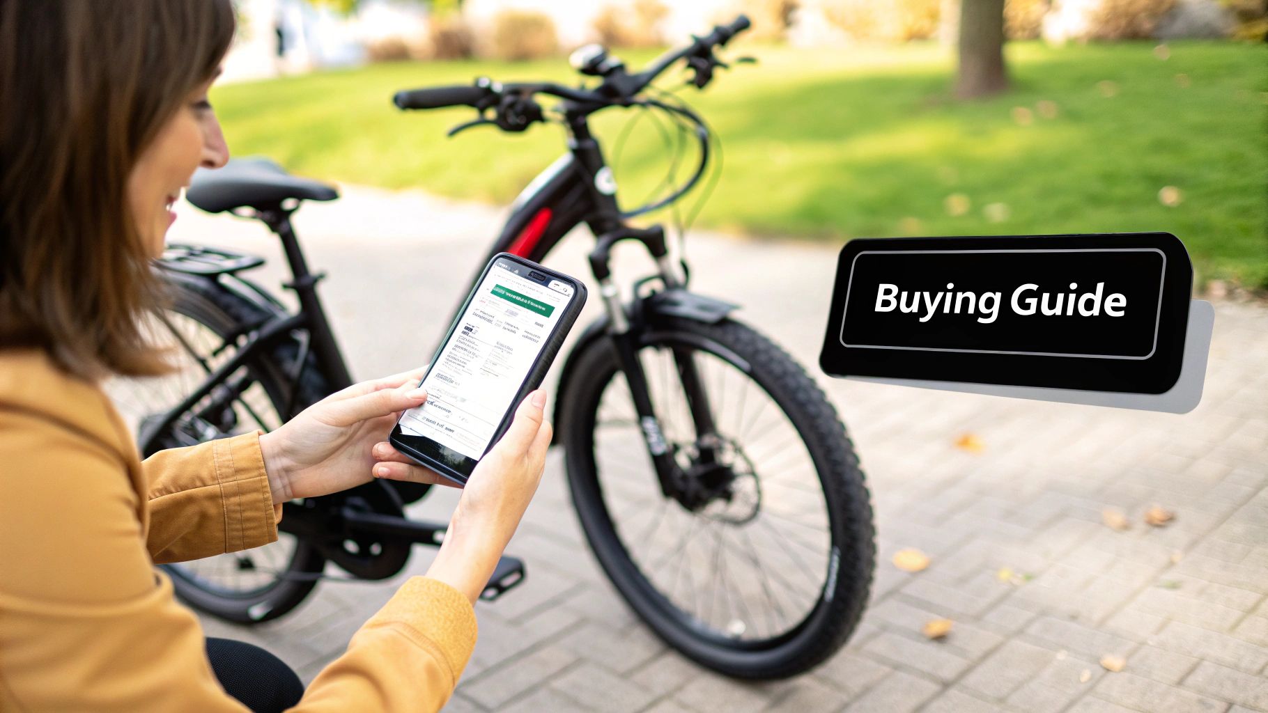 Woman reading electric bike buying guide on smartphone while standing next to e-bike in park