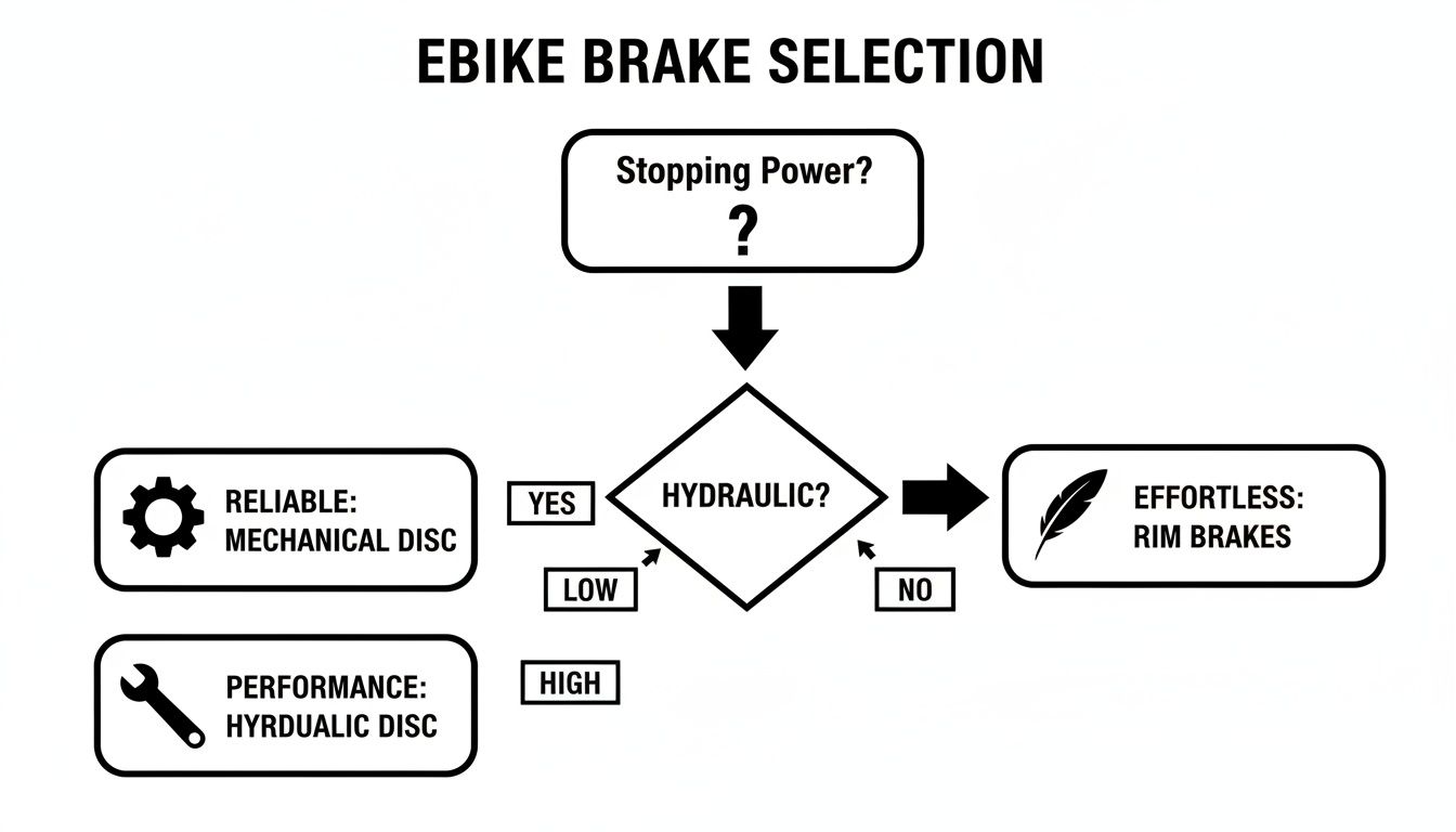 Vooskeem, mis kirjeldab ebike pidurivalikuid nagu hüdraulilised, mehaanilised ketaspidurid ja veljepidurid.