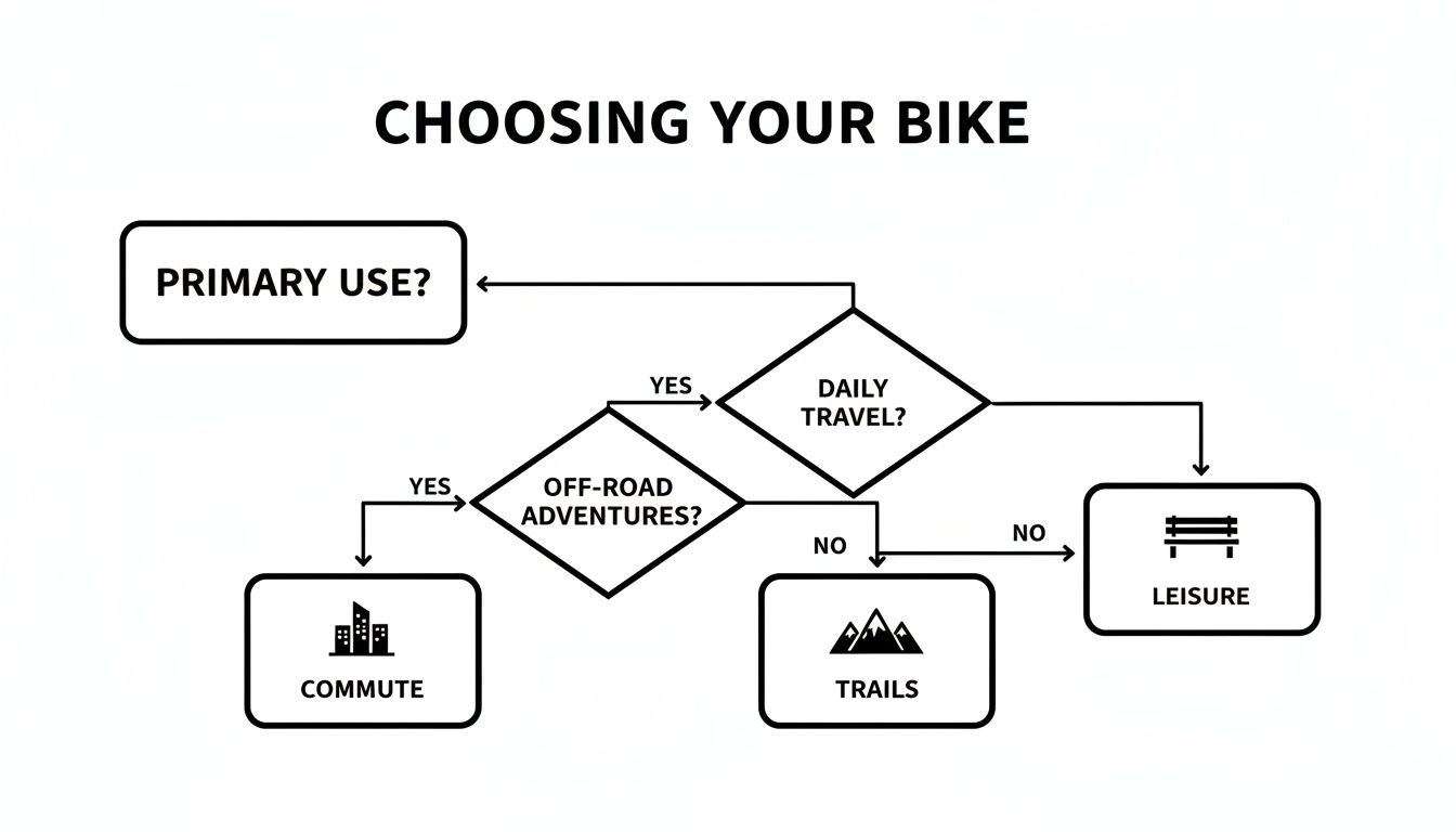 Flowchart for choosing a bike based on primary use, daily travel, off-road adventures, commute, trails, or leisure.