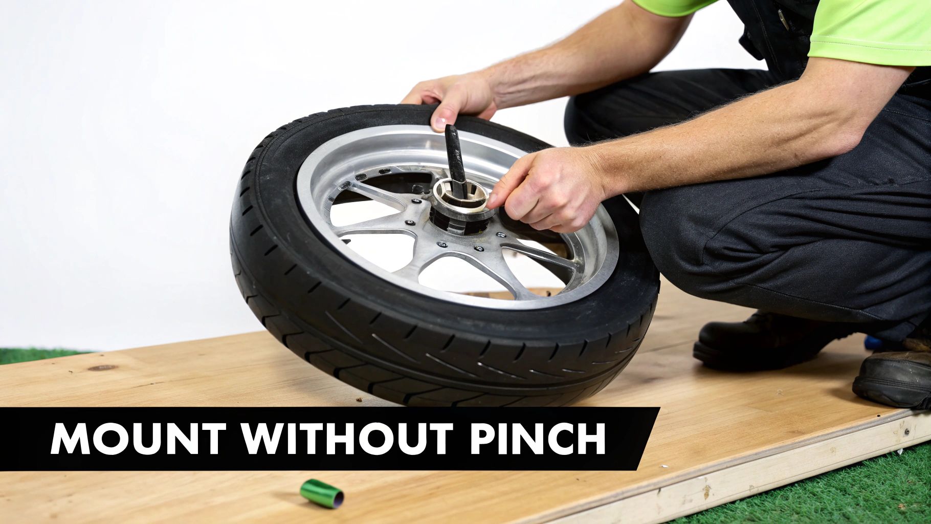 A person uses a tool to mount a scooter tire onto a rim, aiming for a pinch-free installation.