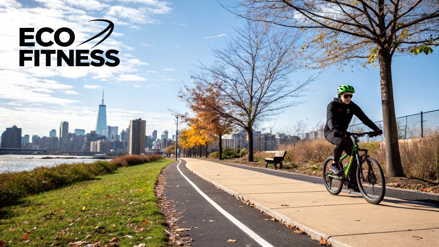 A person smiling as they cycle an electric bike through a green, leafy park.