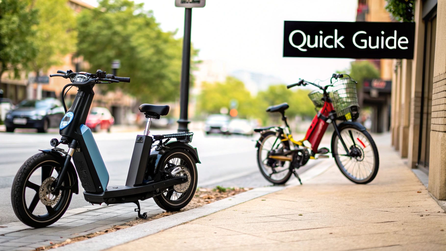 Two electric mopeds and bikes parked on a city sidewalk next to a 'Quick Guide' sign.