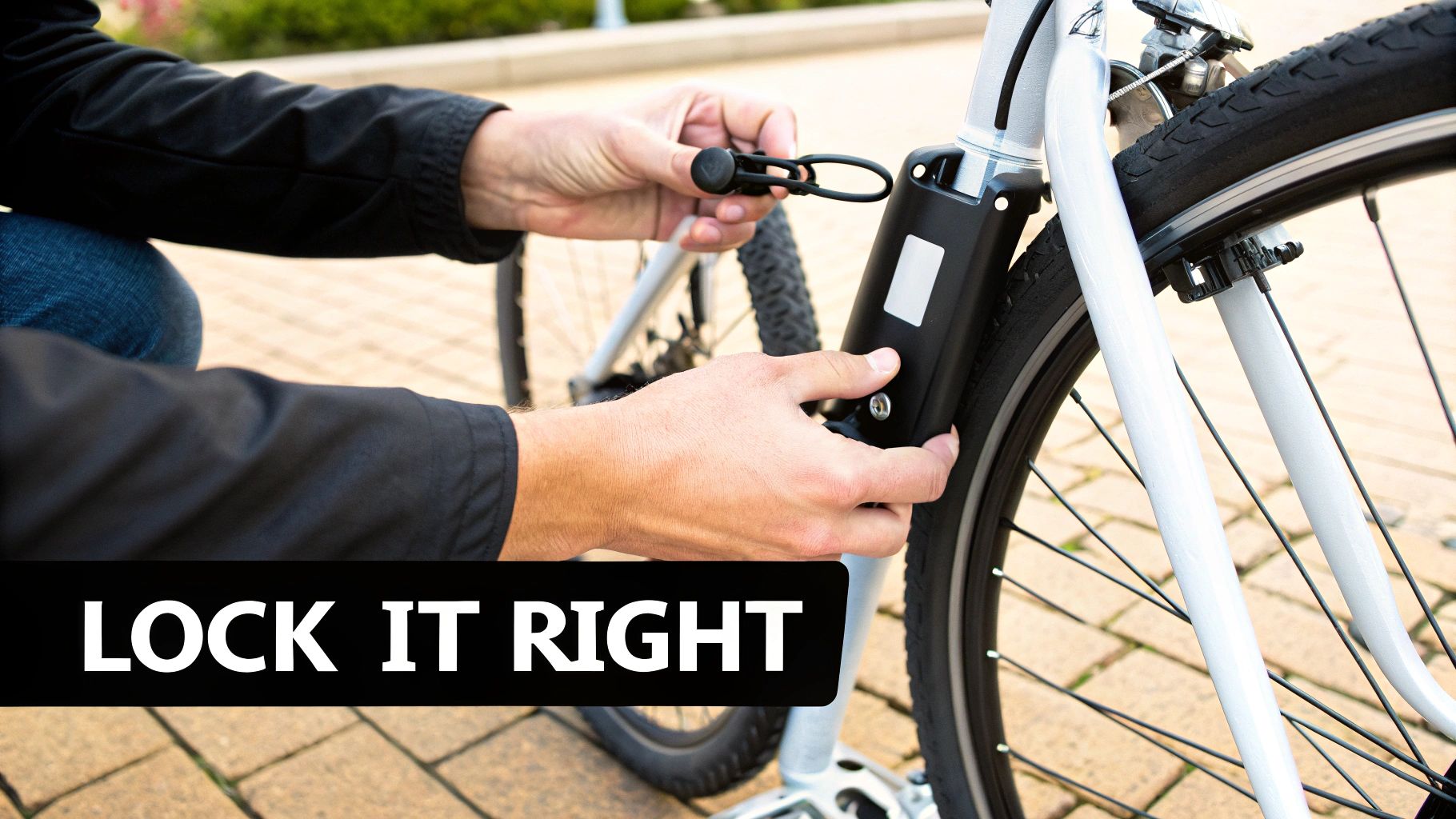 Close-up of hands attaching a black lock to a white electric bicycle, emphasizing security.