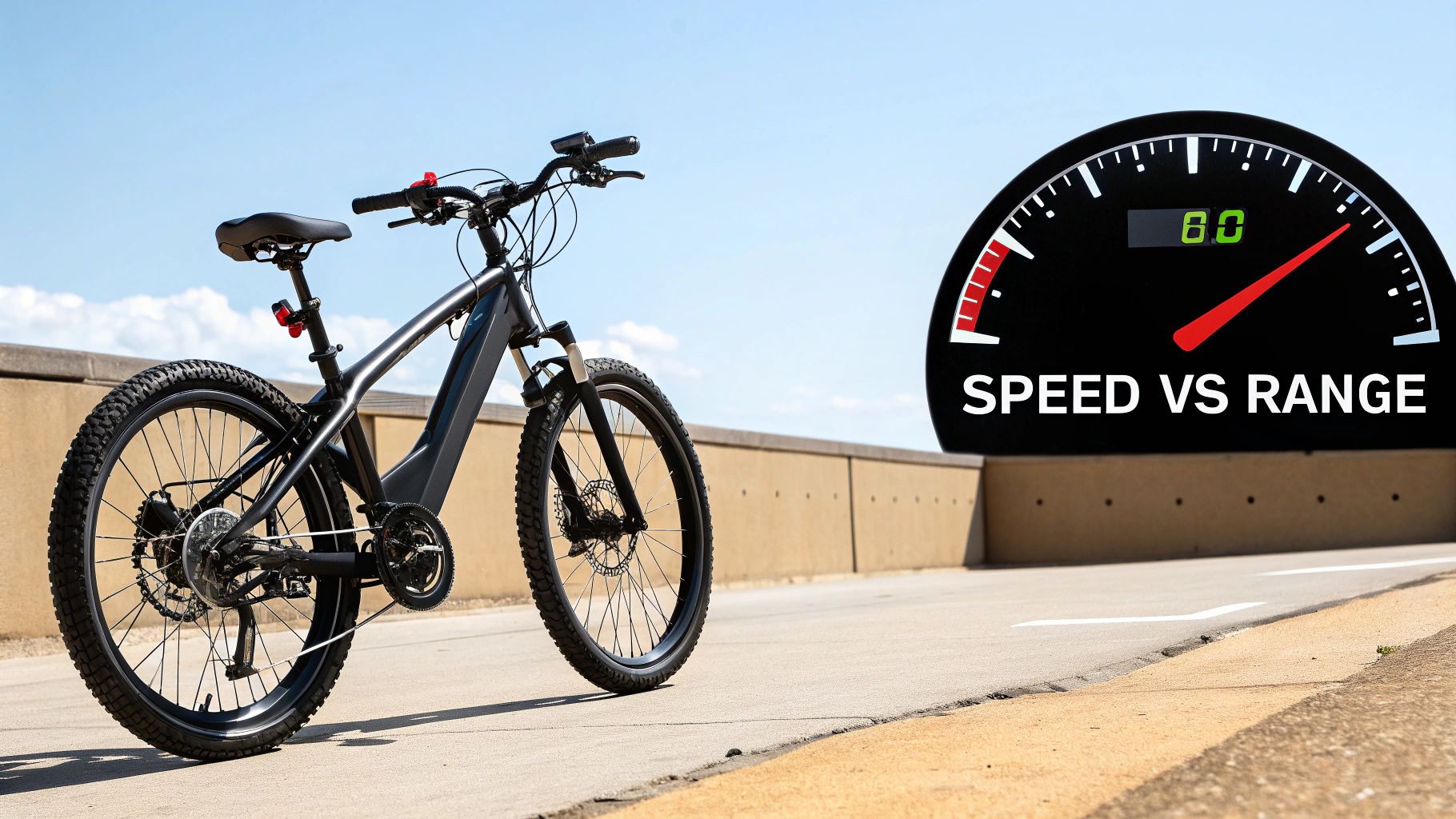 Elektryczny rower górski stoi na drodze z wyraźną grafiką prędkościomierza „PRĘDKOŚĆ VS ZAKRES”.