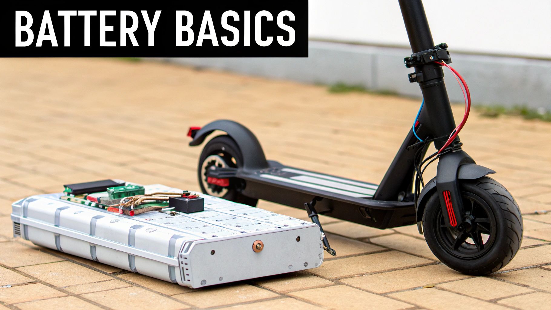 A detailed close-up shot of a modern electric scooter's lithium-ion battery pack being slotted into the deck.