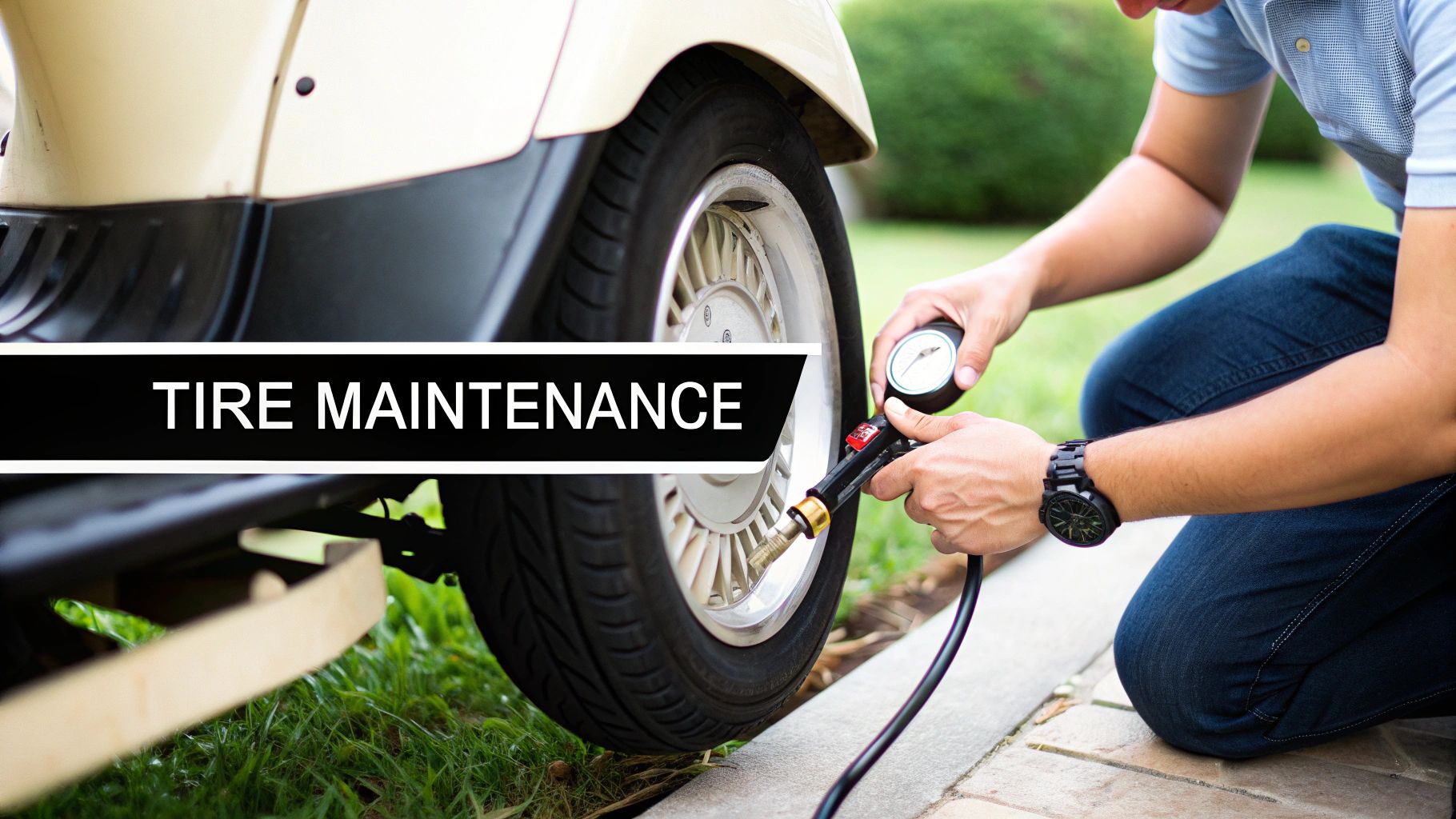 A person kneels to check the tire pressure on a cream-colored scooter's wheel with a gauge.
