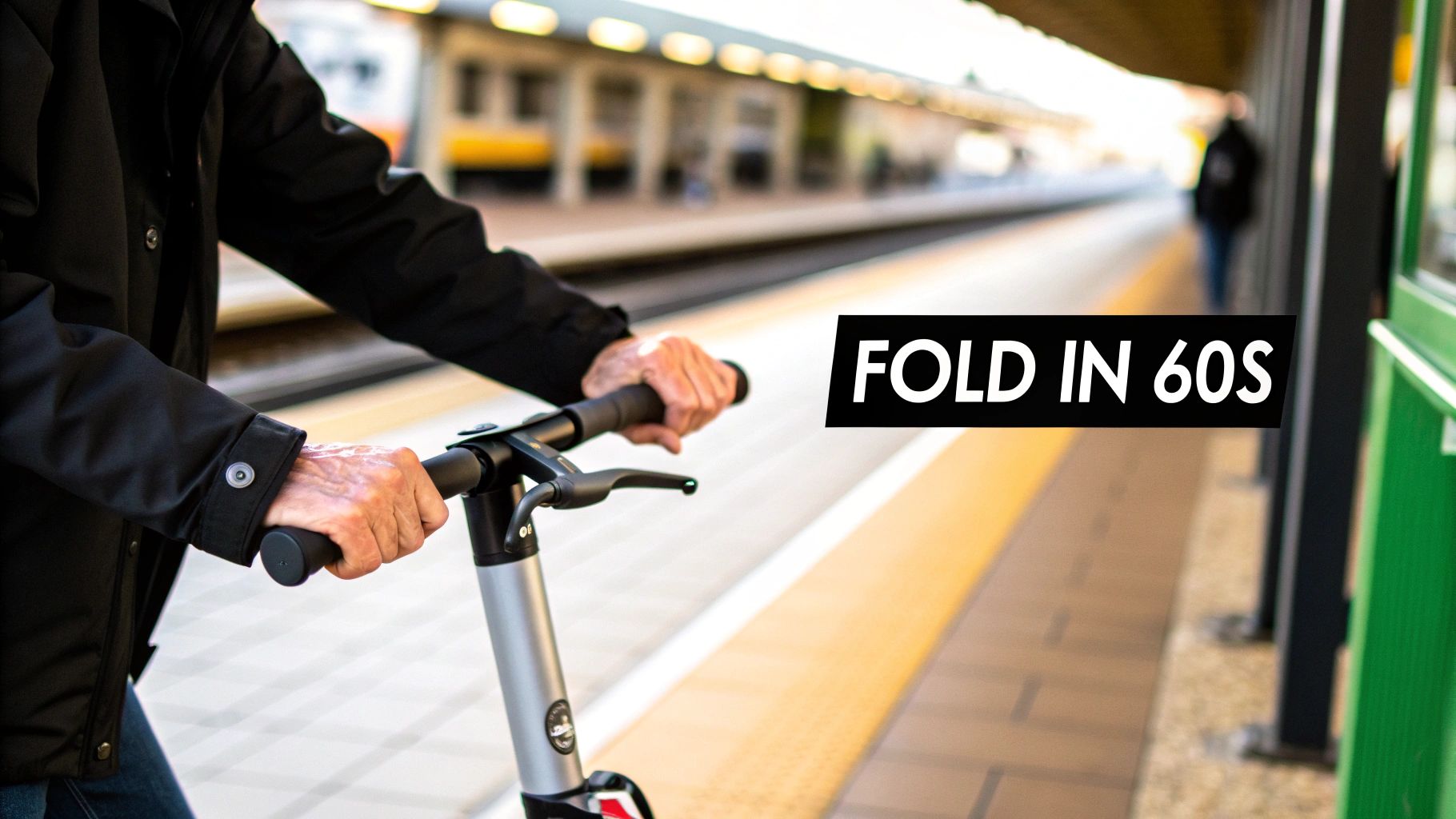 A person folding an electric scooter with a latch mechanism