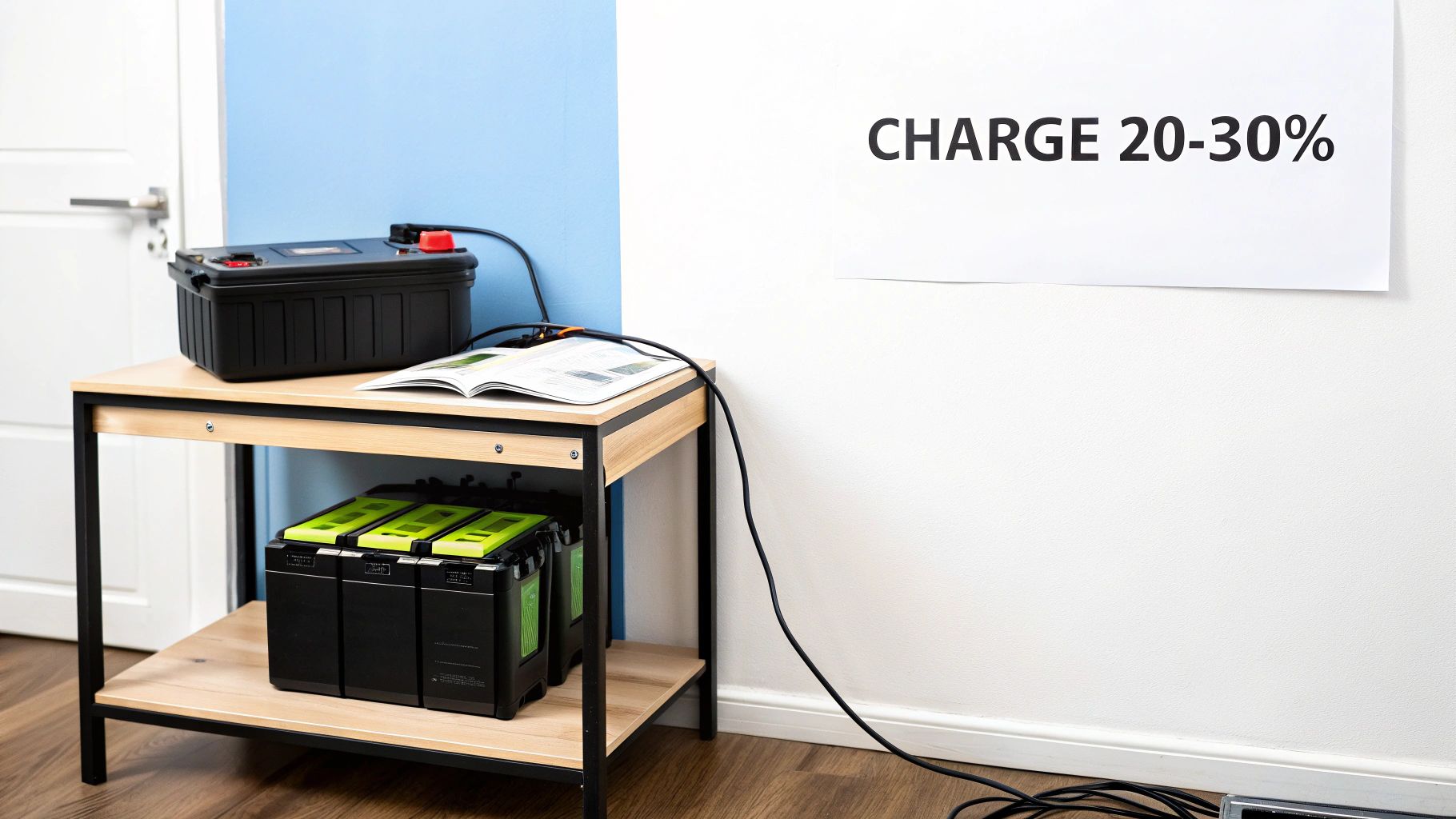 A person charging an e-bike battery at home