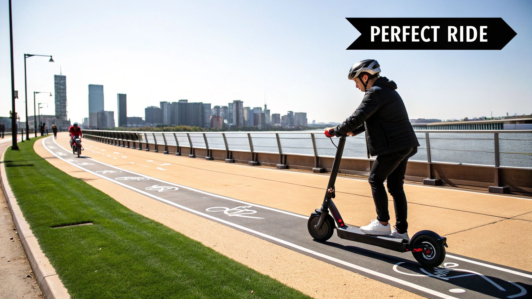A person riding an electric scooter through a modern city street.