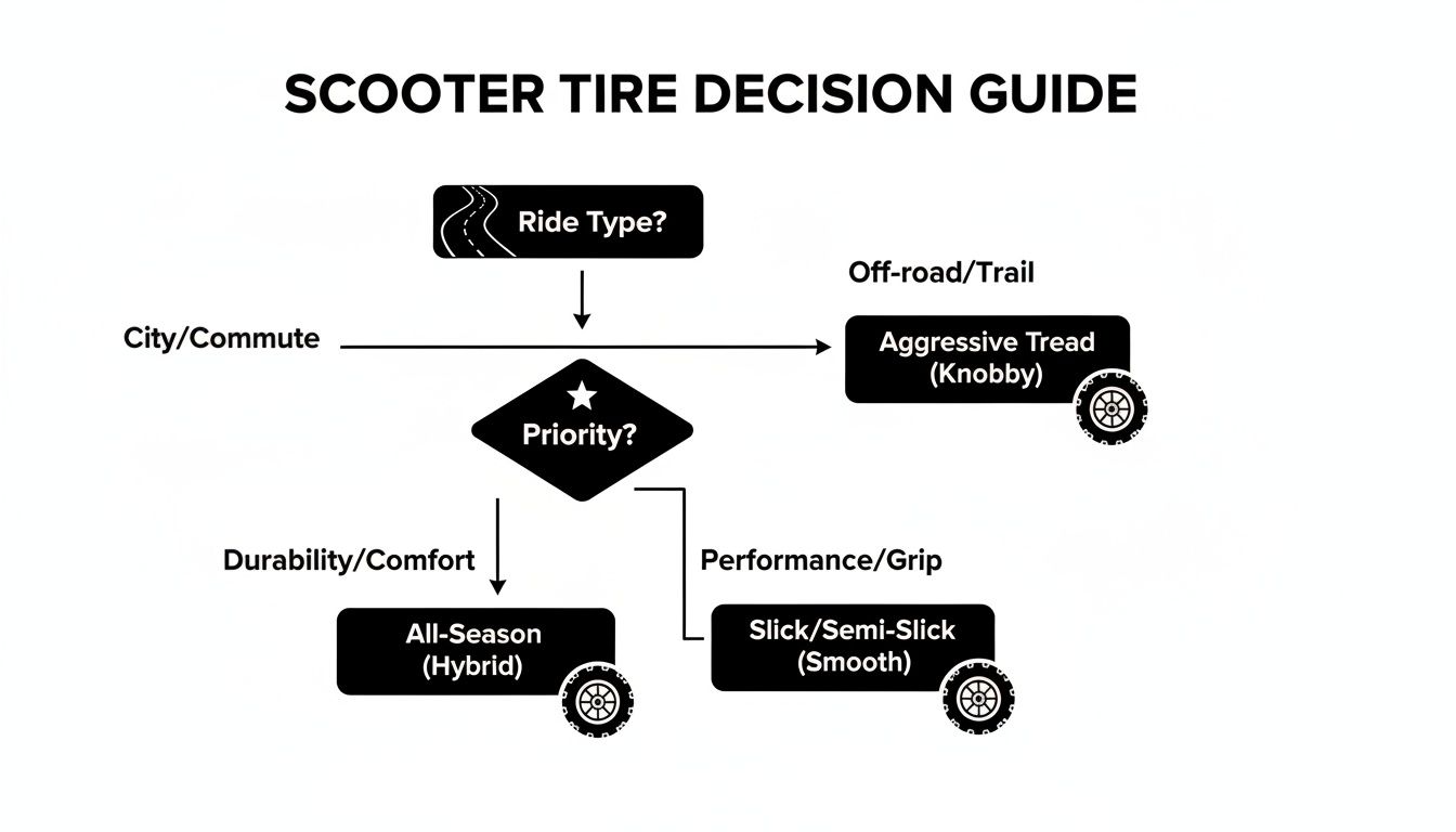 Flowchart guiding scooter tire selection based on ride type and priority, showing knobby, hybrid, and slick options.