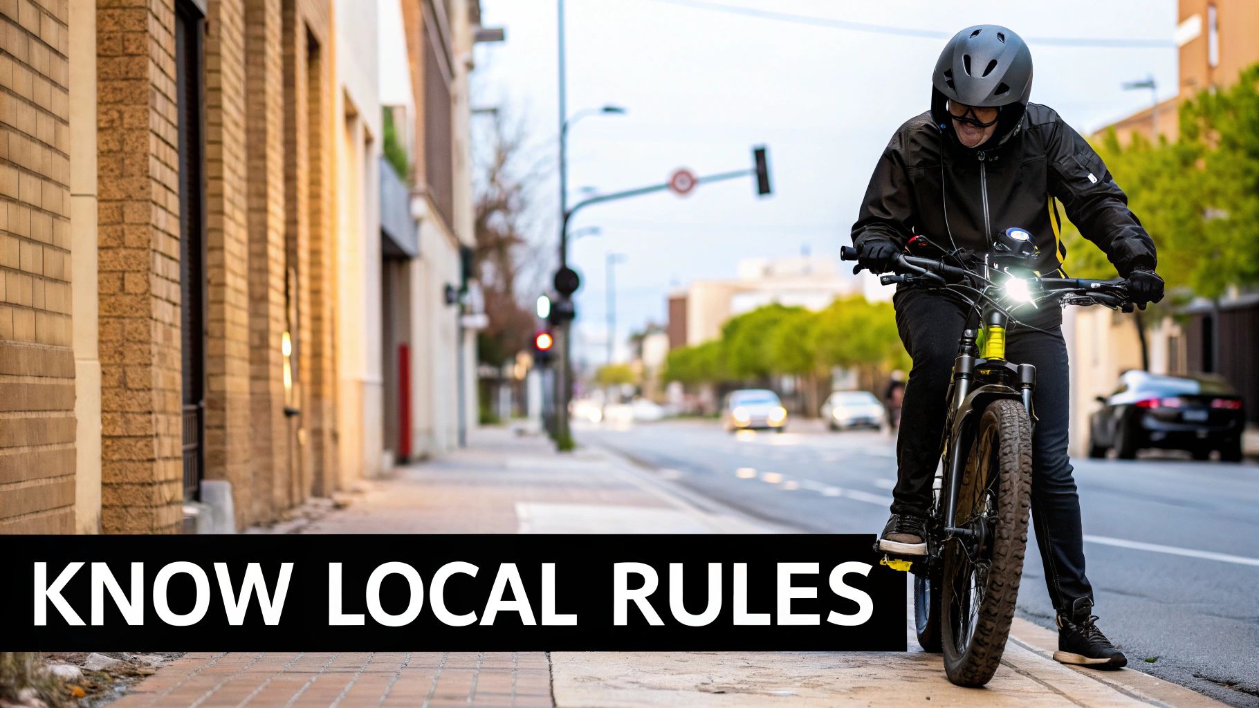 A person wearing a helmet and goggles rides an e-bike on a city sidewalk next to a street.