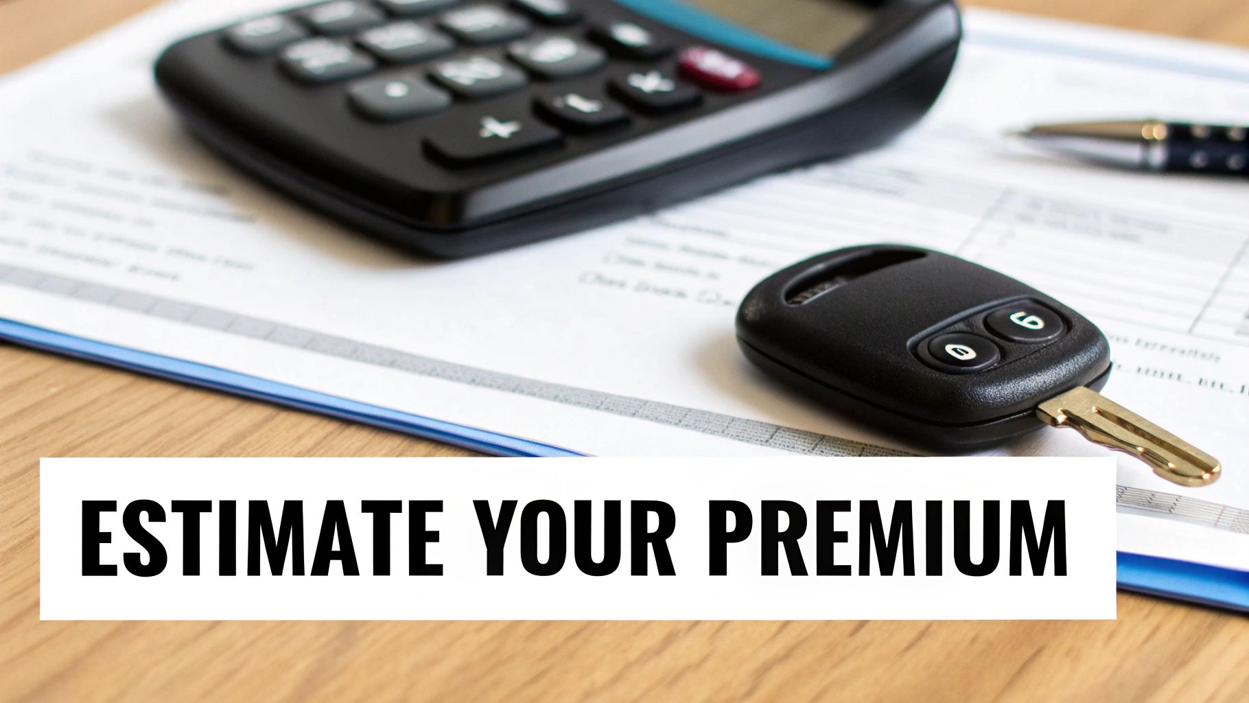 This image depicts a calculator, car key, and pen on insurance documents, urging users to 'ESTIMATE YOUR PREMIUM'.