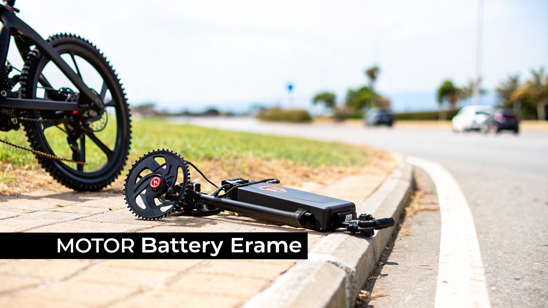 Close-up of an electric bike's battery and frame