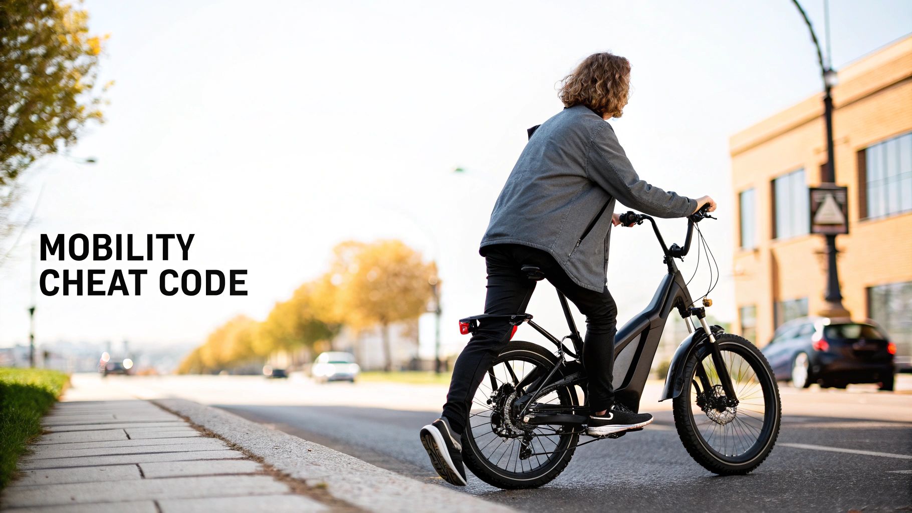Inimene sõidab kaasaegse musta elektrijalgrattaga linnatänaval, vasakul tekst 