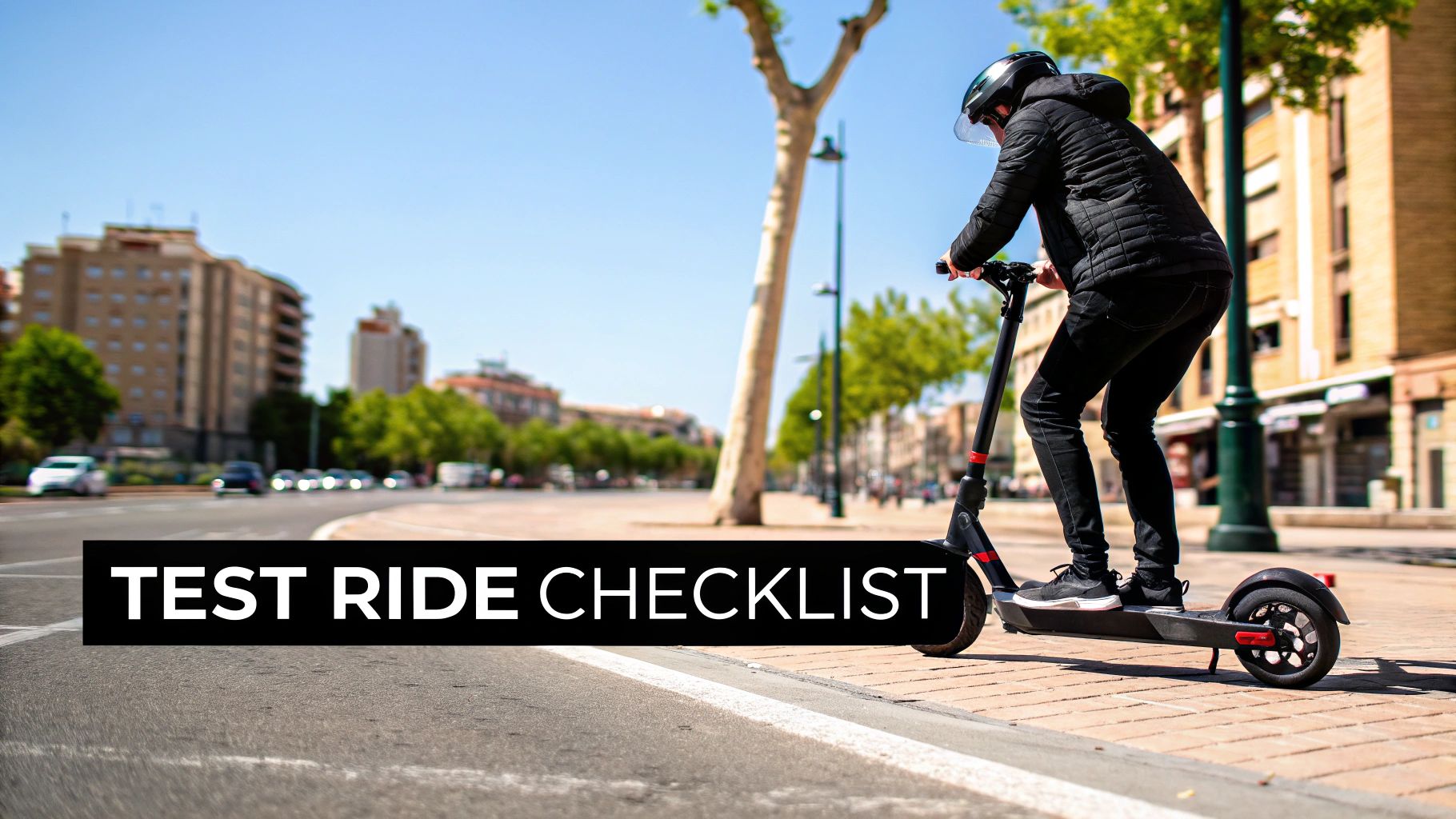 Person wearing a helmet and jacket test riding an electric scooter on a city street with text overlay.