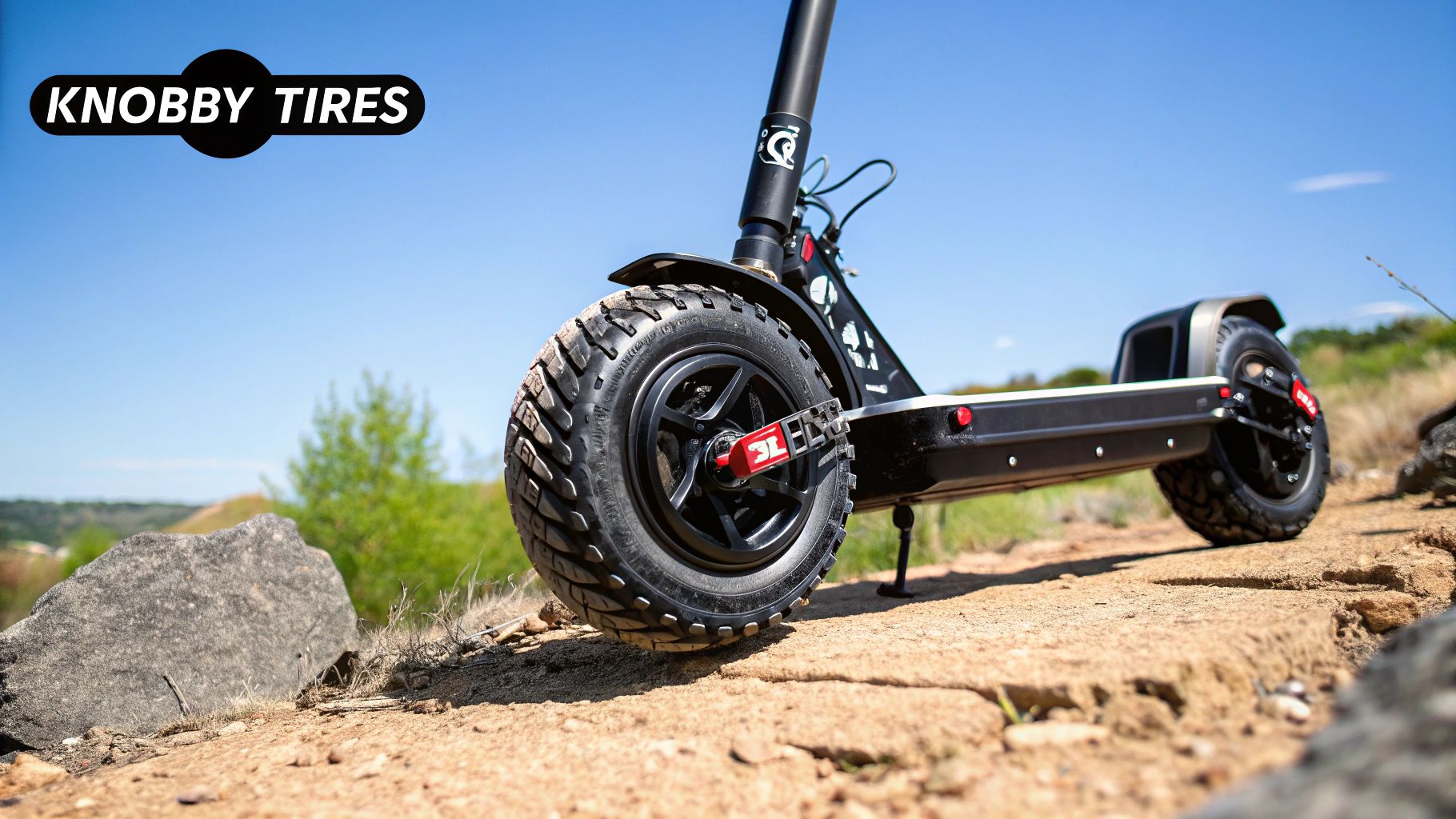 Close-up of an all terrain electric scooter's suspension and front wheel.