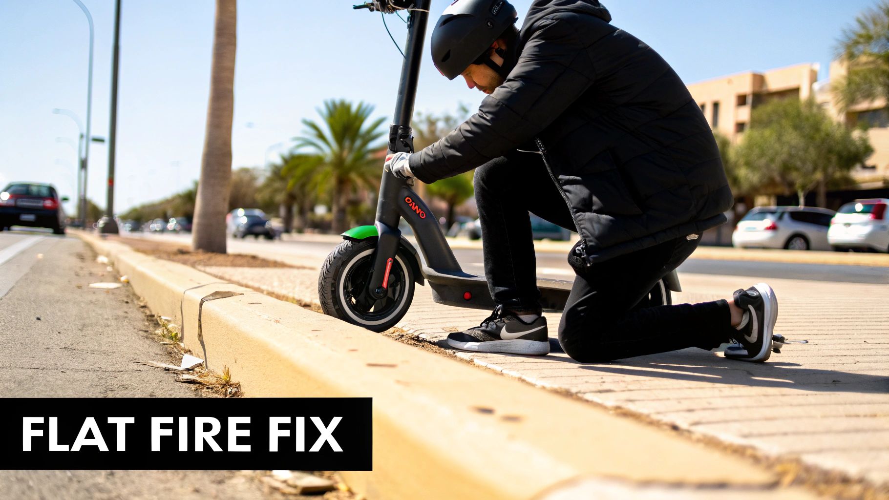 A man in a helmet kneels on a sidewalk, repairing the front tire of an electric scooter.