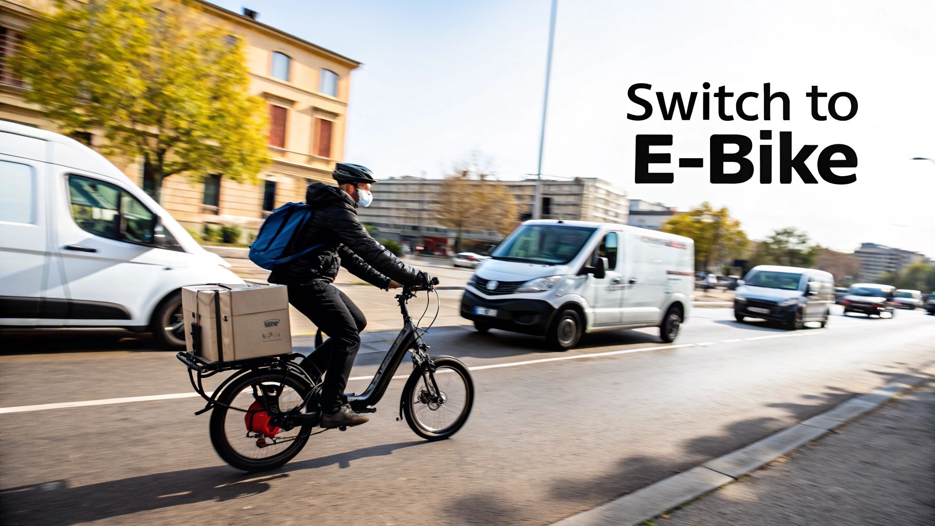 A delivery person loading packages onto an electric cargo bicycle in a modern city.