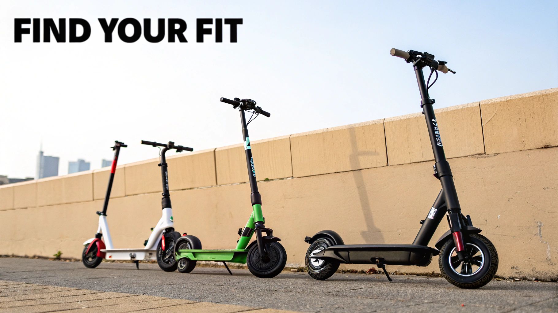 Cztery różne hulajnogi elektryczne, w tym modele białe, zielone i czarne, zaparkowane na zewnątrz z panoramą miasta.
