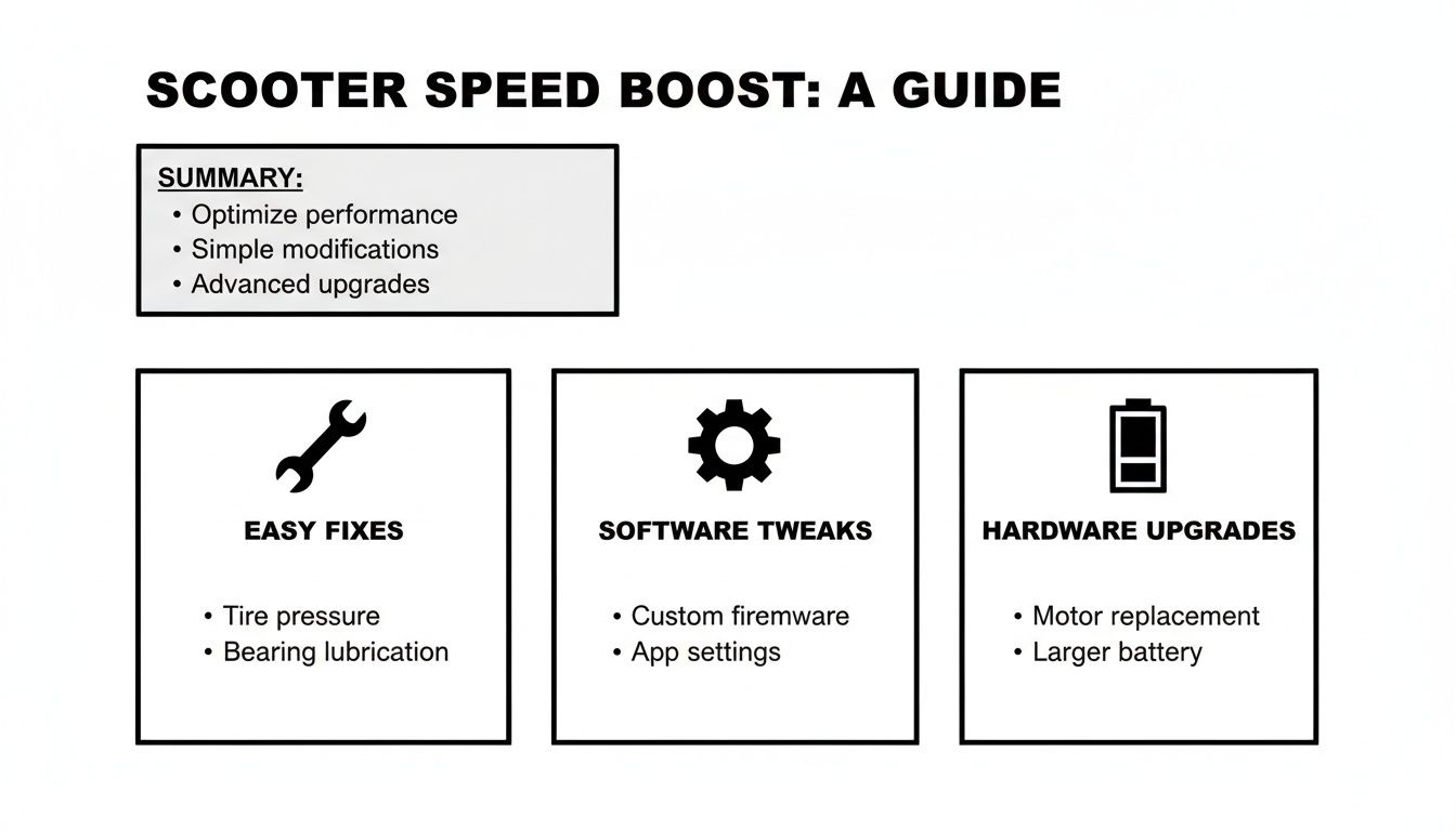Juhend elektrilise tõukeratta kiiruse suurendamiseks, mis kirjeldab lihtsaid parandusi, tarkvara häälestusi ja riistvara uuendusi.