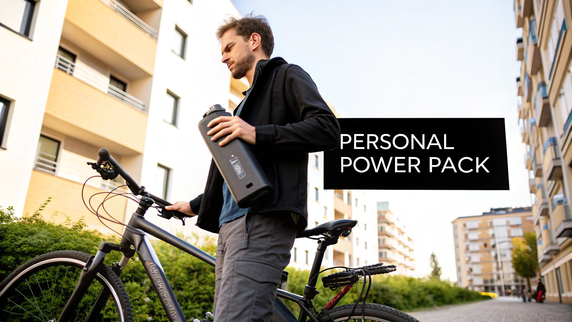 A man holding a black removable e-bike battery next to his bicycle in an urban setting.