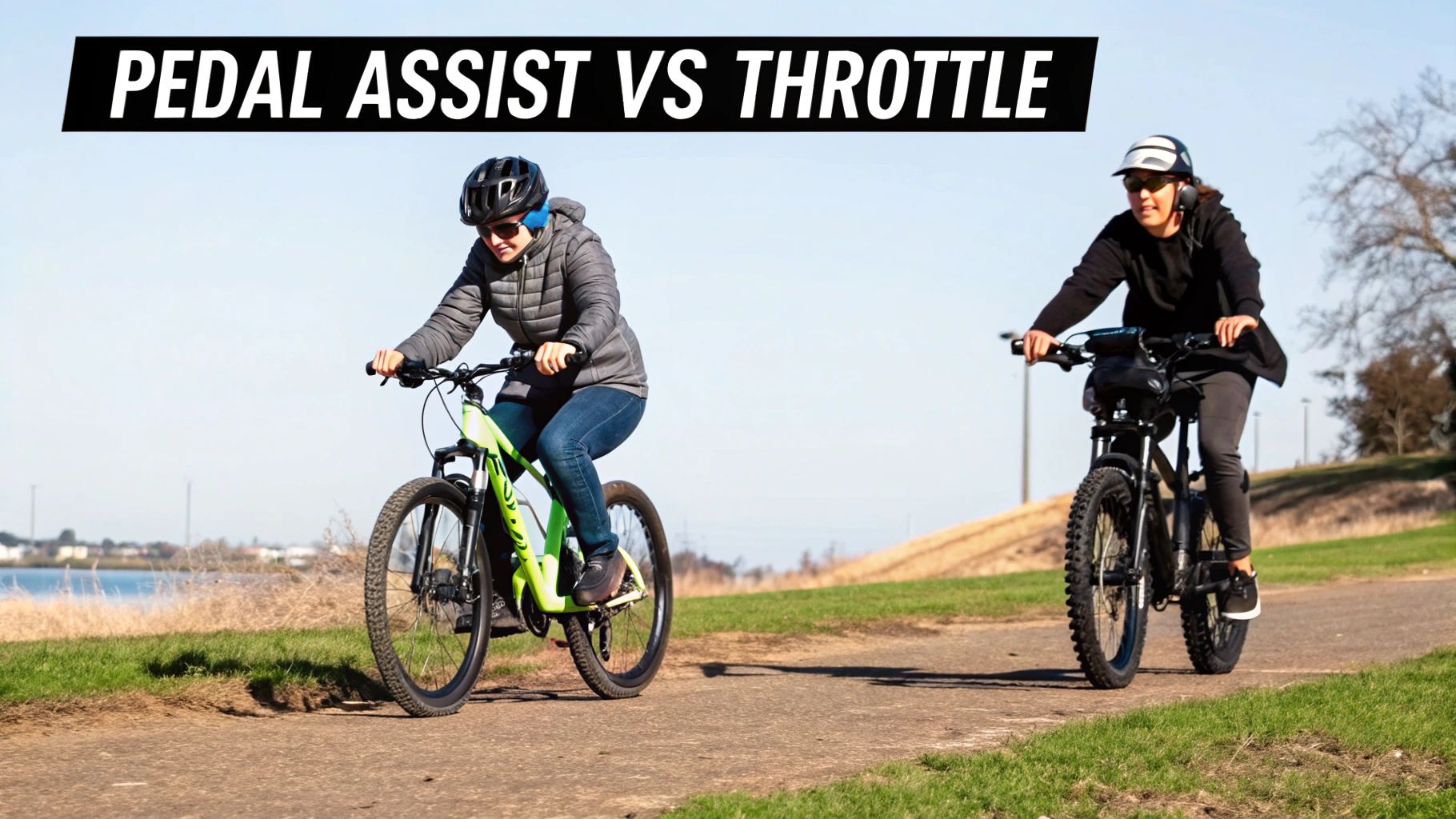 Two people demonstrate pedal assist and throttle electric bikes on an outdoor path next to a body of water.