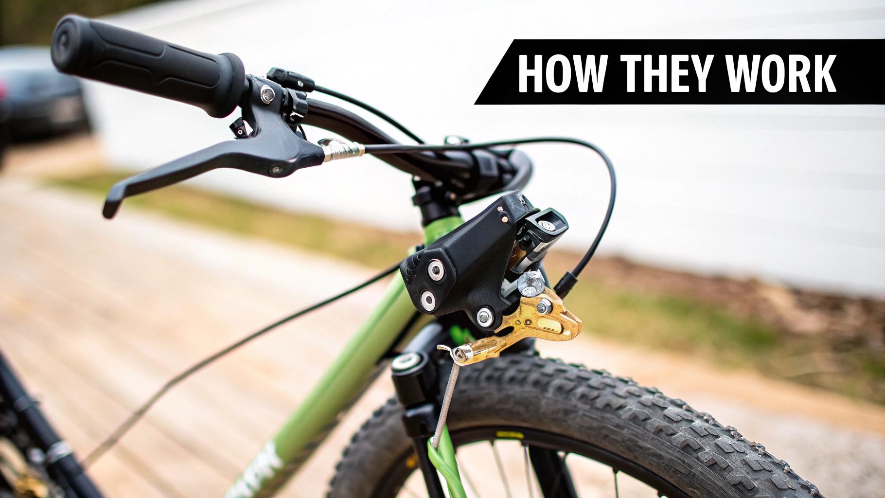 Zbliżenie na przedni mechaniczny układ hamulcowy, kierownicę i oponę zielonego roweru górskiego.