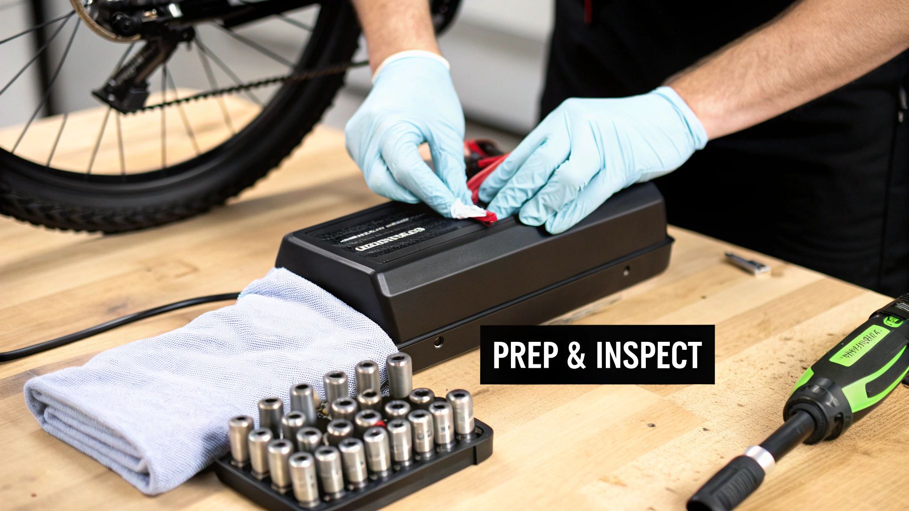 Hands in blue gloves prep and inspect a black battery on a workbench with bike parts and tools.