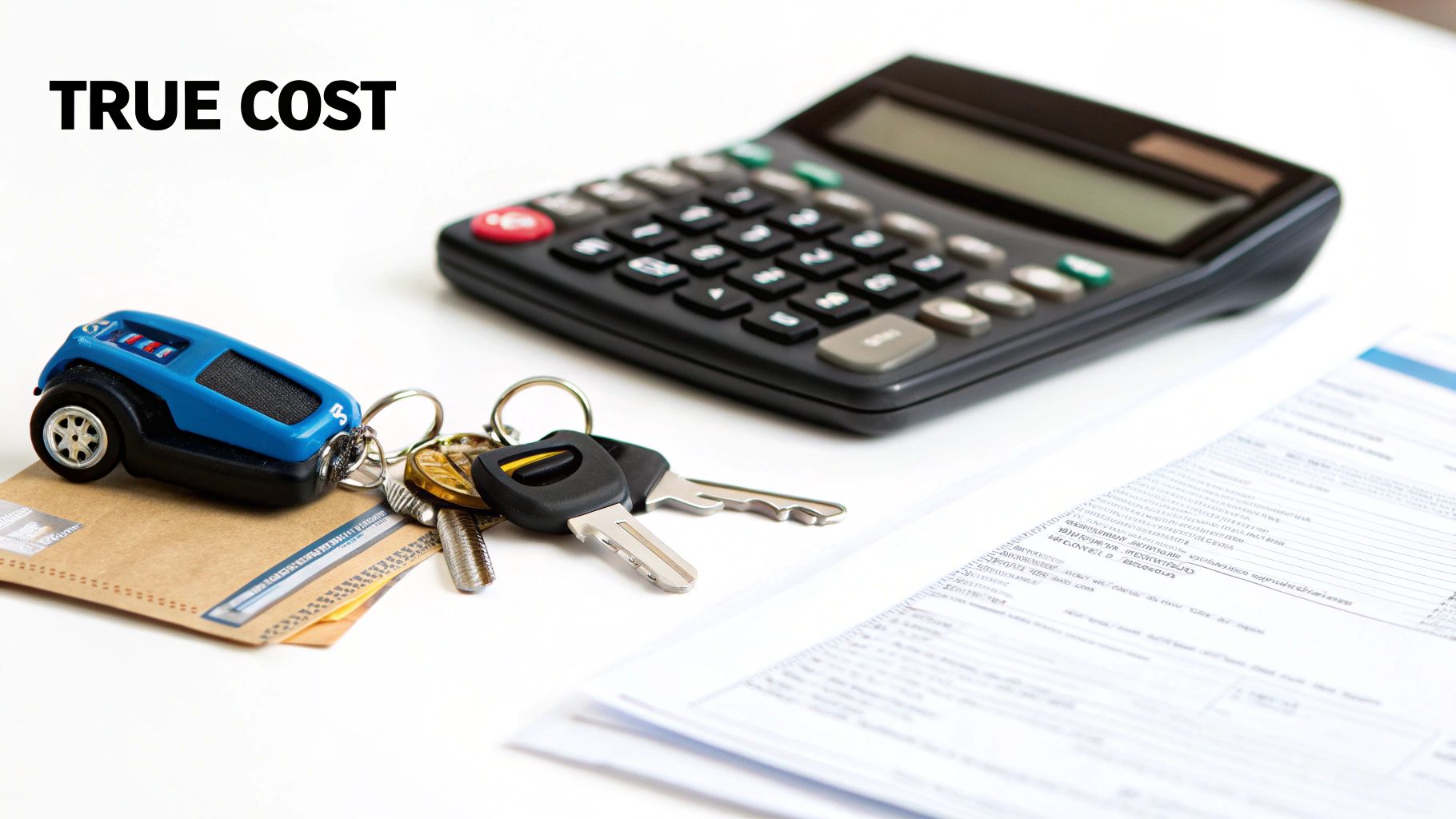 A calculator, car keys with a toy car, and financial documents on a white surface, illustrating vehicle costs.