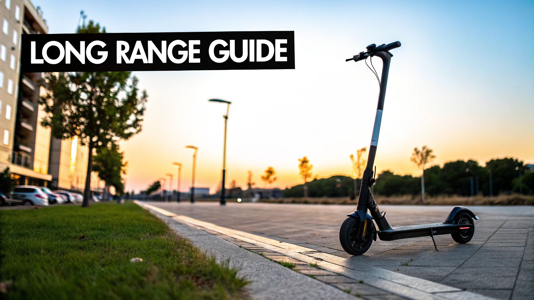 A person riding a long range electric scooter down a city street with modern buildings in the background.