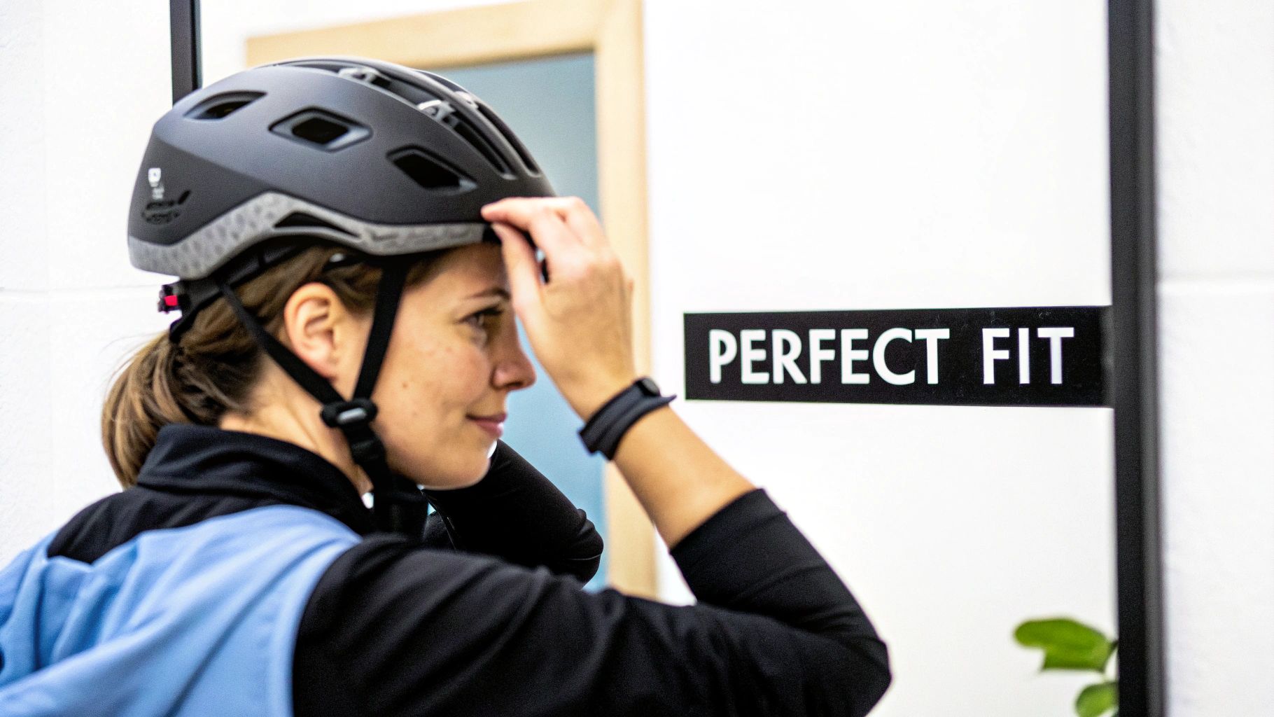 Woman in a black long-sleeve shirt trying on a black cycling helmet, with a 'PERFECT FIT' sign.