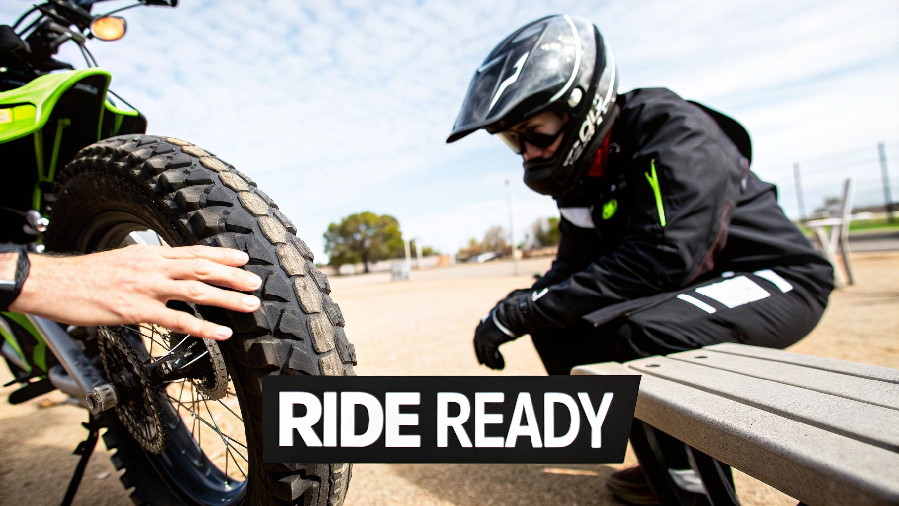 Motorcyclist in protective gear inspecting fat tire electric bike wheel before riding