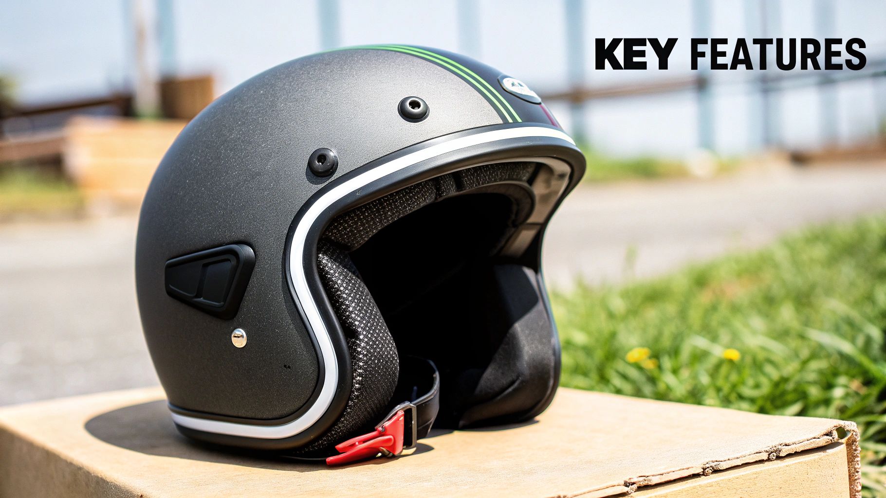 Close-up of a stylish matte black open-face scooter helmet with green accents and white trim.