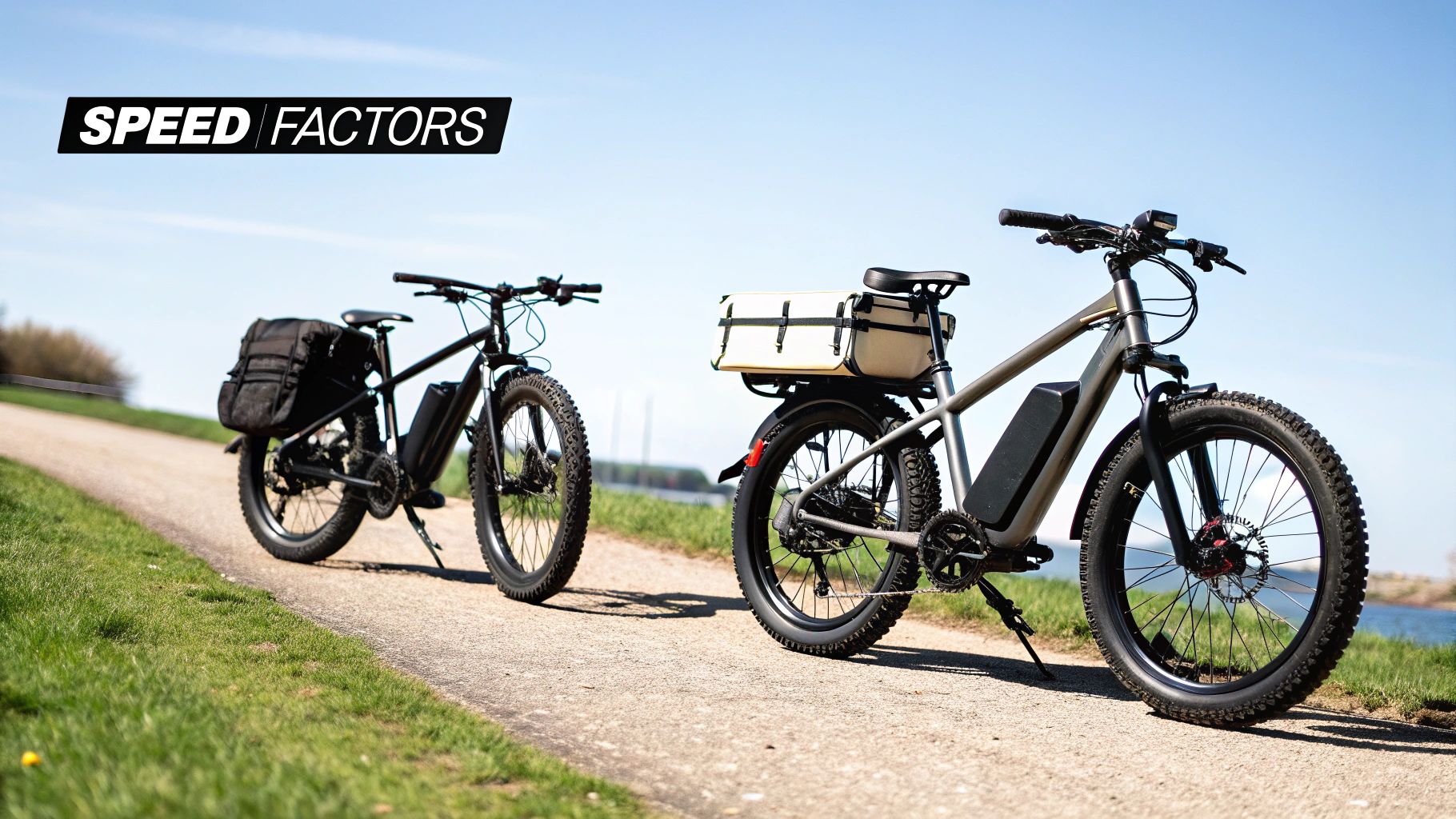Two electric fat-tire bikes parked on a paved path next to water under a clear blue sky.