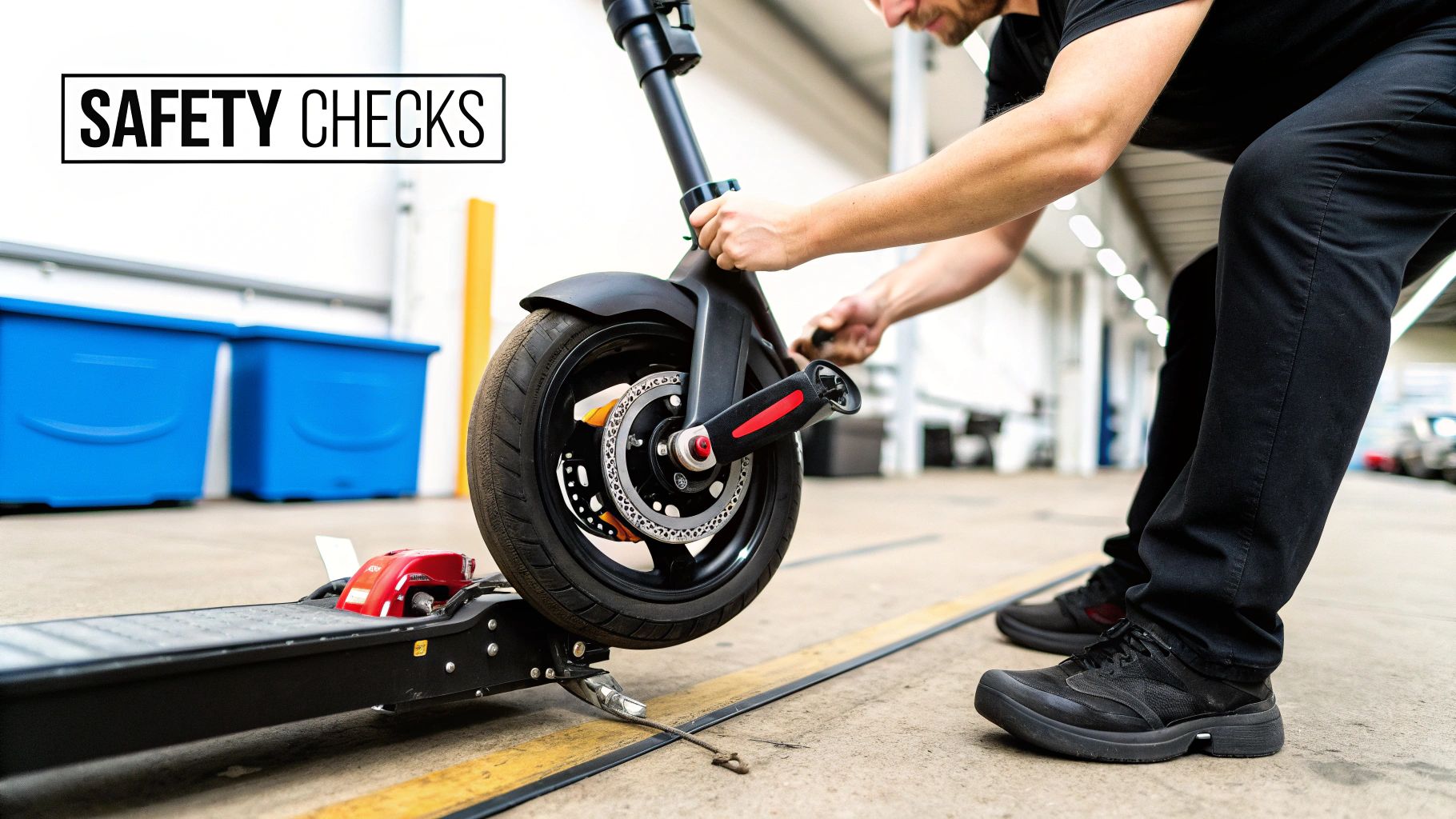 A man performs safety checks on an electric scooter, examining the front wheel and steering column.