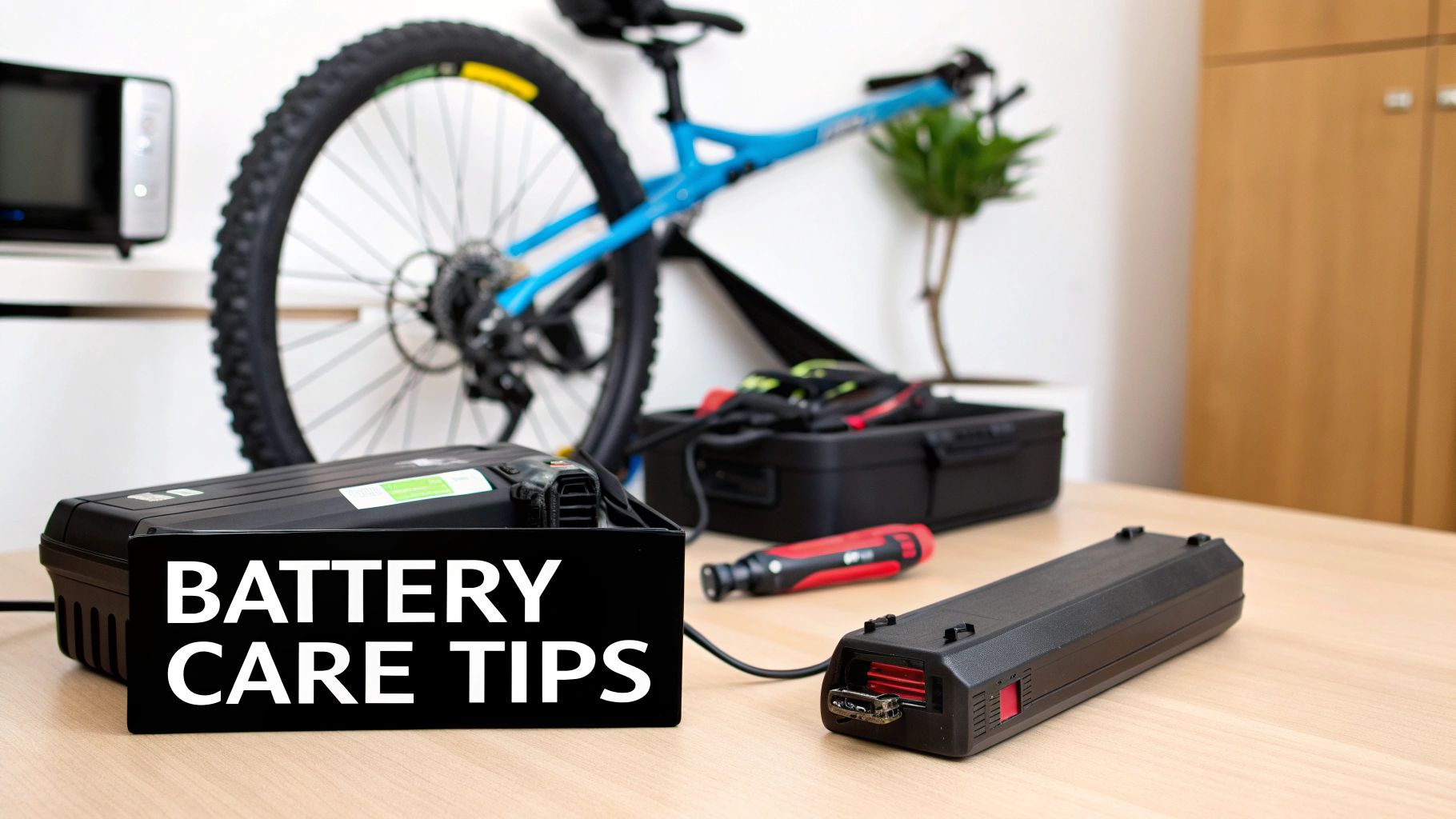 Two black e-bike batteries on a wooden table with a 'BATTERY CARE TIPS' sign.