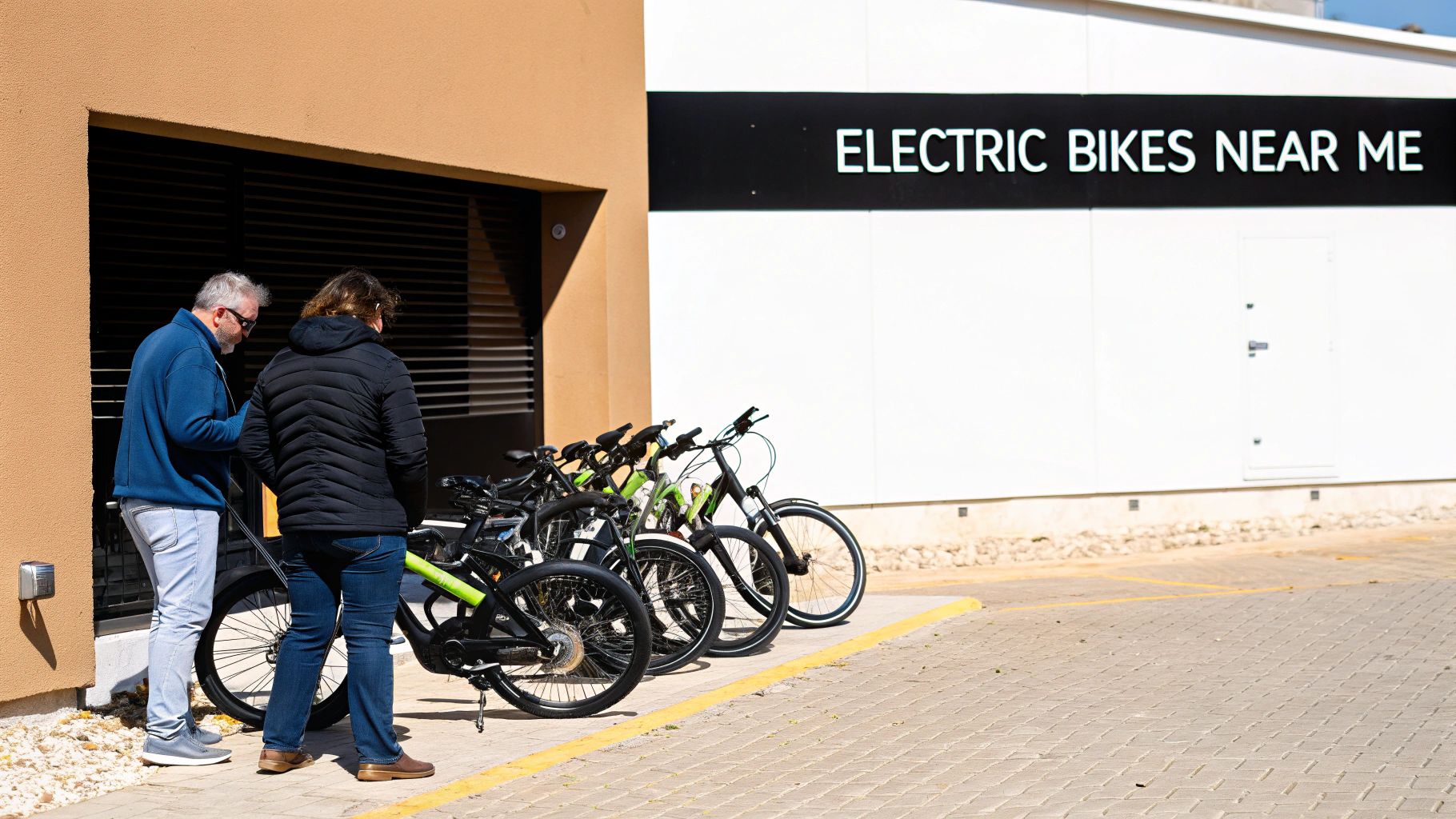 Dwie osoby kupujące rowery elektryczne z zewnętrznej wypożyczalni oznaczonej w pobliżu znakiem.